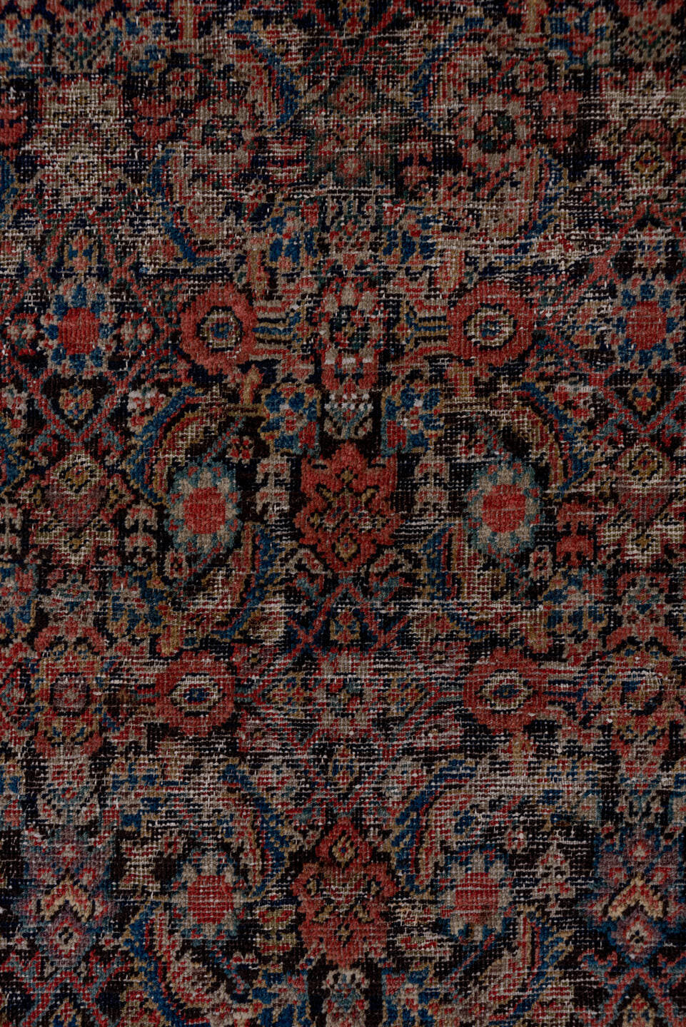 3' x 19' one-of-a-kind handmade vintage Tulu runner rug. Color palette: terracotta, navy, ivory, taupe, rust, charcoal