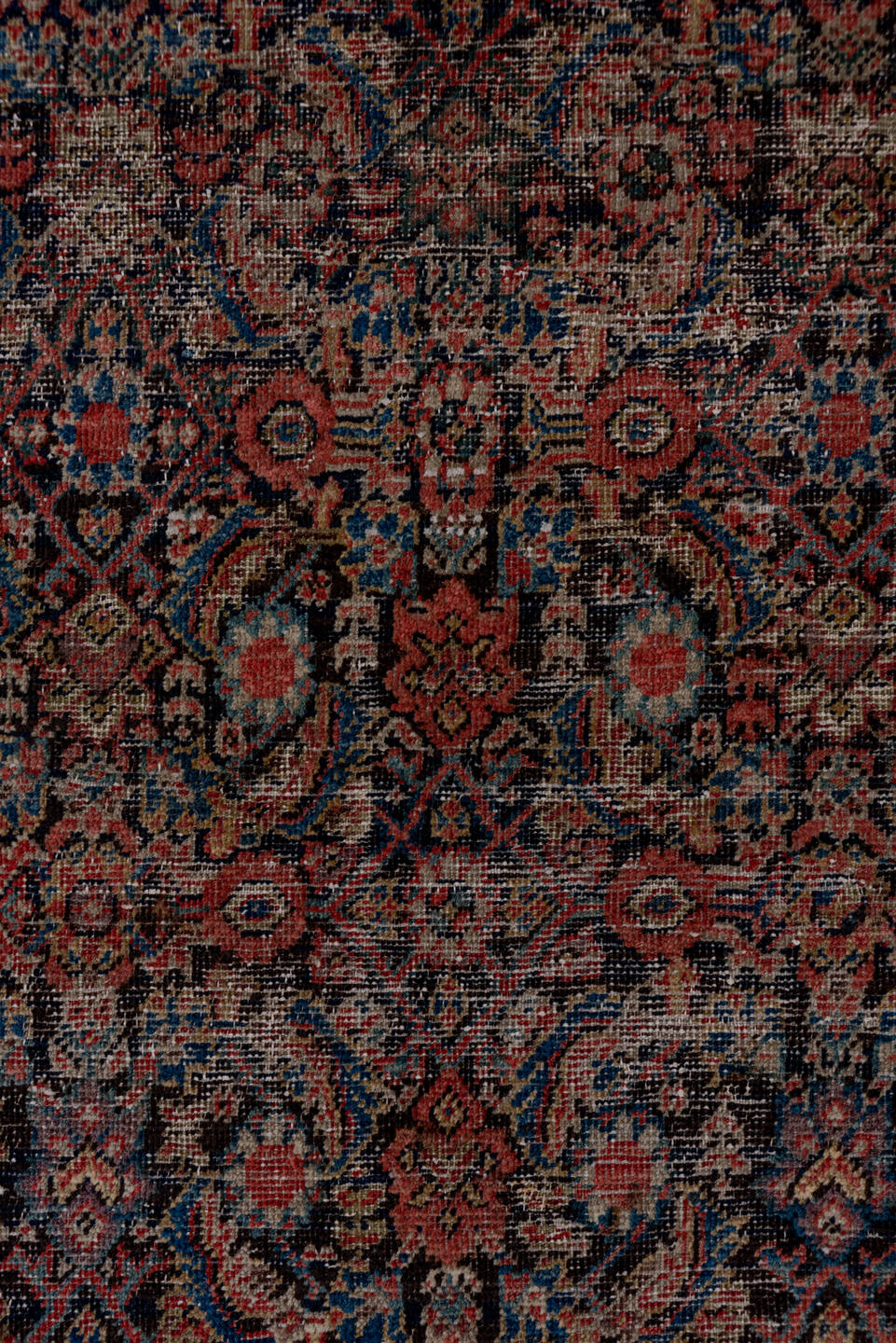 3' x 19' one-of-a-kind handmade vintage Tulu runner rug. Color palette: terracotta, navy, ivory, taupe, rust, charcoal