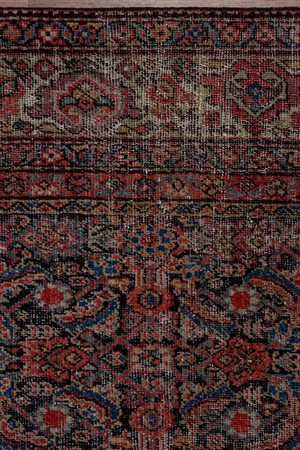 3' x 19' one-of-a-kind handmade vintage Tulu runner rug. Color palette: terracotta, navy, ivory, taupe, rust, charcoal