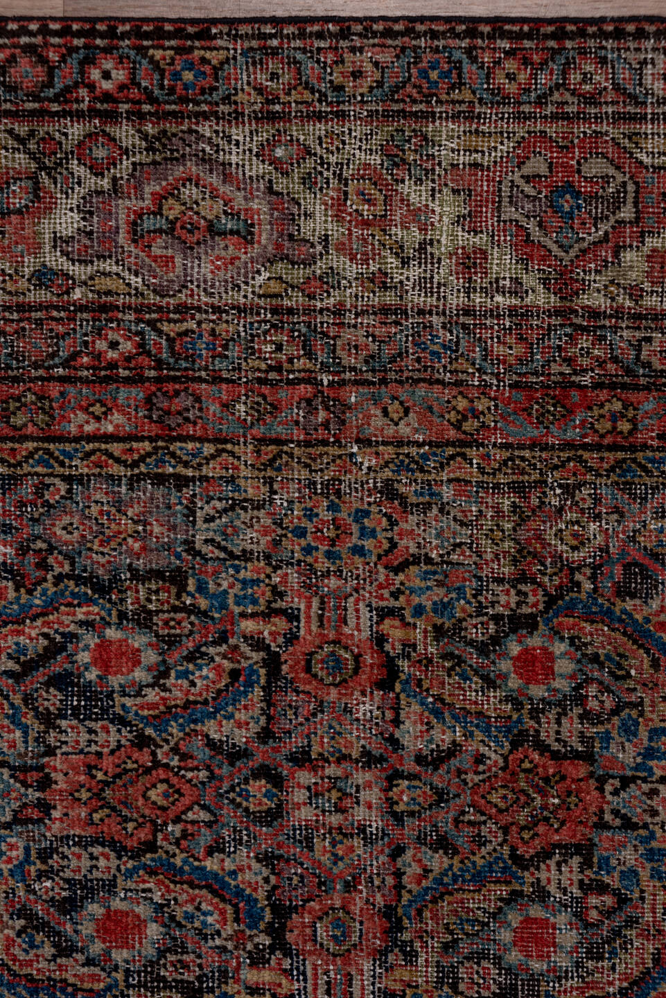 3' x 19' one-of-a-kind handmade vintage Tulu runner rug. Color palette: terracotta, navy, ivory, taupe, rust, charcoal