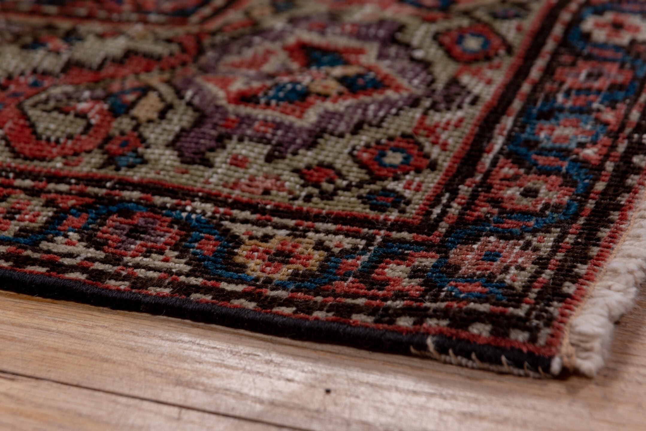 3' x 19' one-of-a-kind handmade vintage Tulu runner rug. Color palette: terracotta, navy, ivory, taupe, rust, charcoal