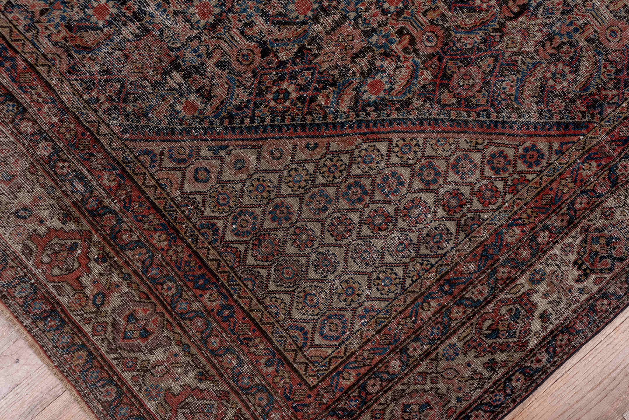3' x 19' one-of-a-kind handmade vintage Tulu runner rug. Color palette: terracotta, navy, ivory, taupe, rust, charcoal