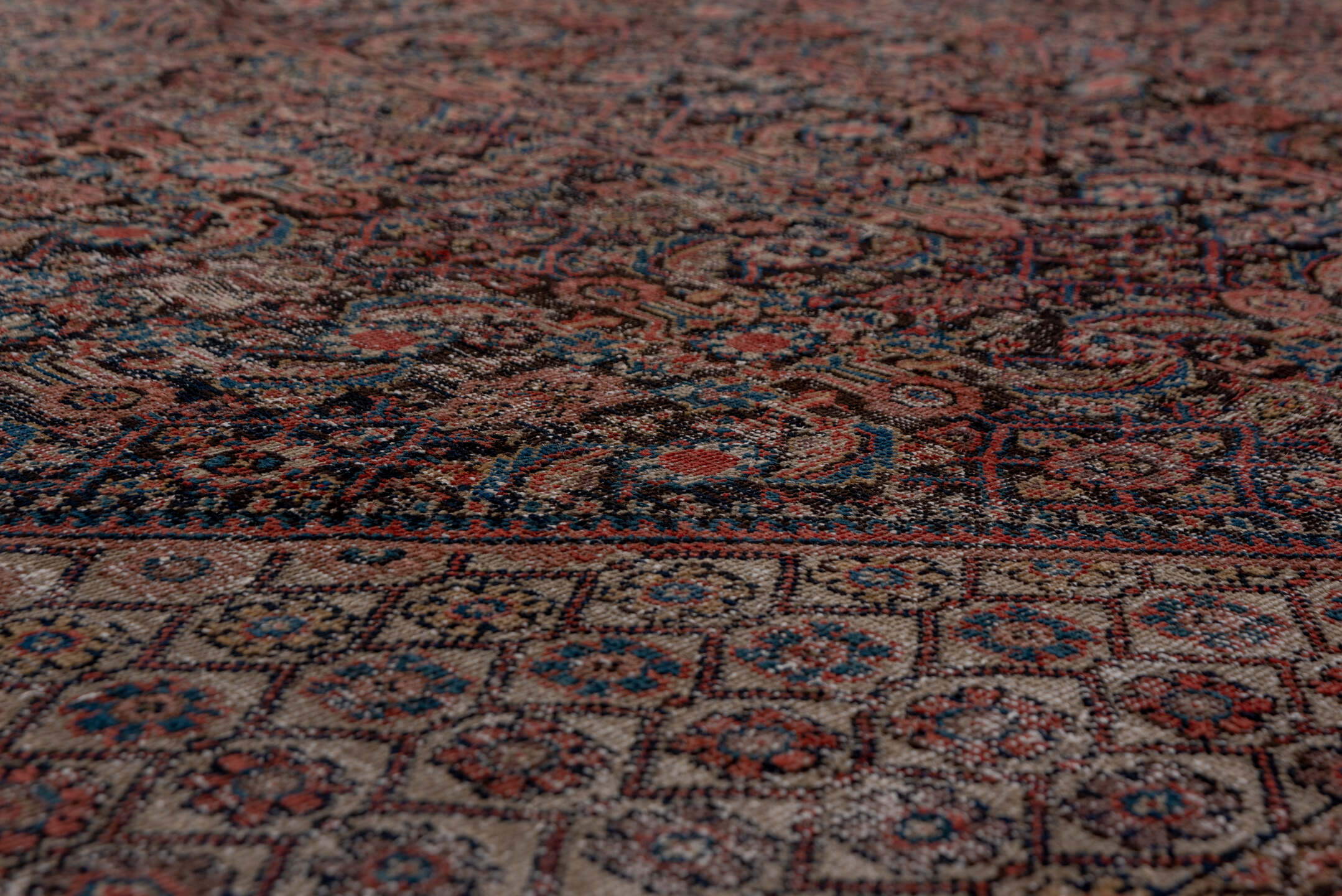 3' x 19' one-of-a-kind handmade vintage Tulu runner rug. Color palette: terracotta, navy, ivory, taupe, rust, charcoal