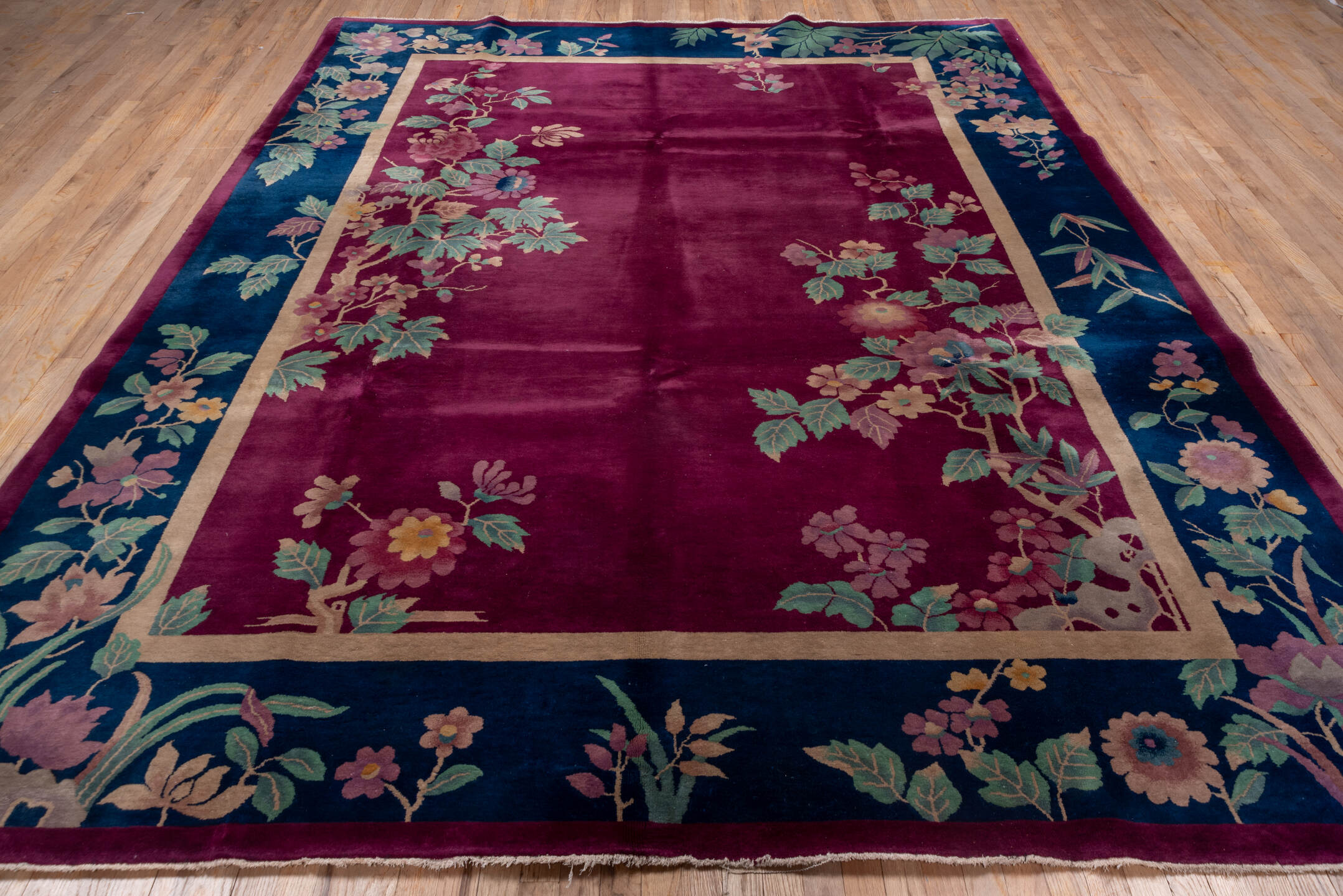 3' x 19' one-of-a-kind handmade vintage Tulu runner rug. Color palette: magenta, navy, sage, ivory, rose, dusty pink, teal