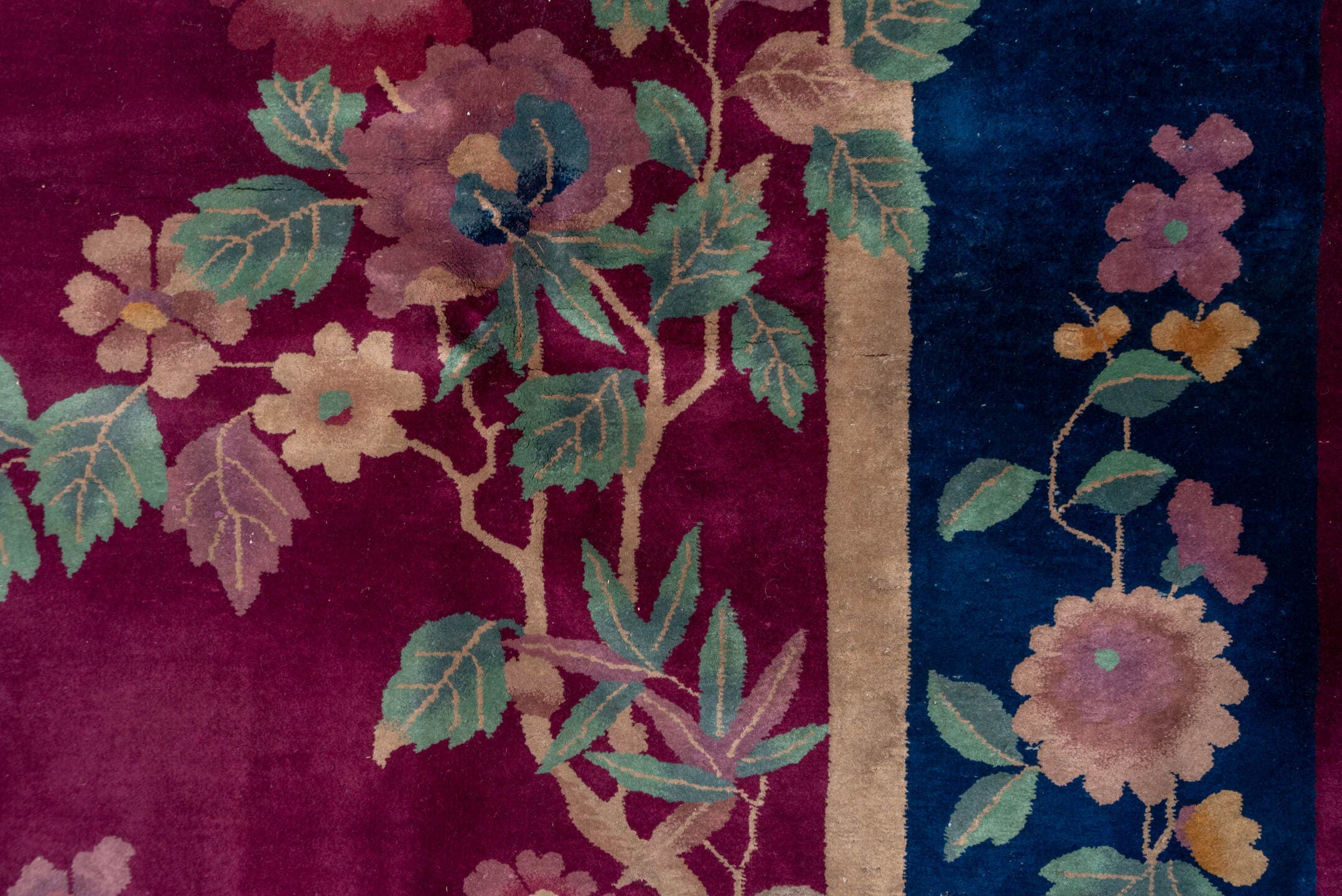 3' x 19' one-of-a-kind handmade vintage Tulu runner rug. Color palette: magenta, navy, sage, ivory, rose, dusty pink, teal