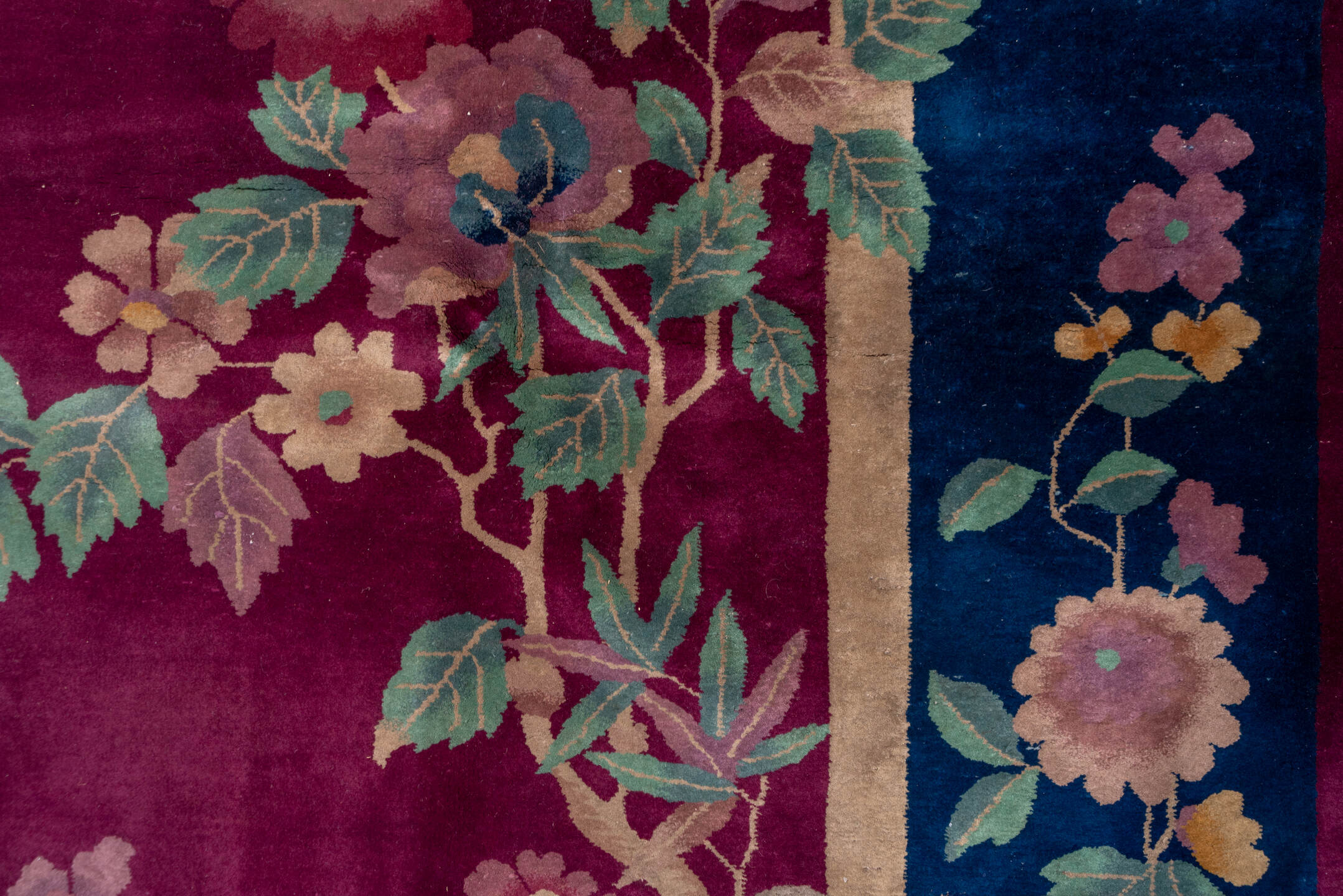 3' x 19' one-of-a-kind handmade vintage Tulu runner rug. Color palette: magenta, navy, sage, ivory, rose, dusty pink, teal