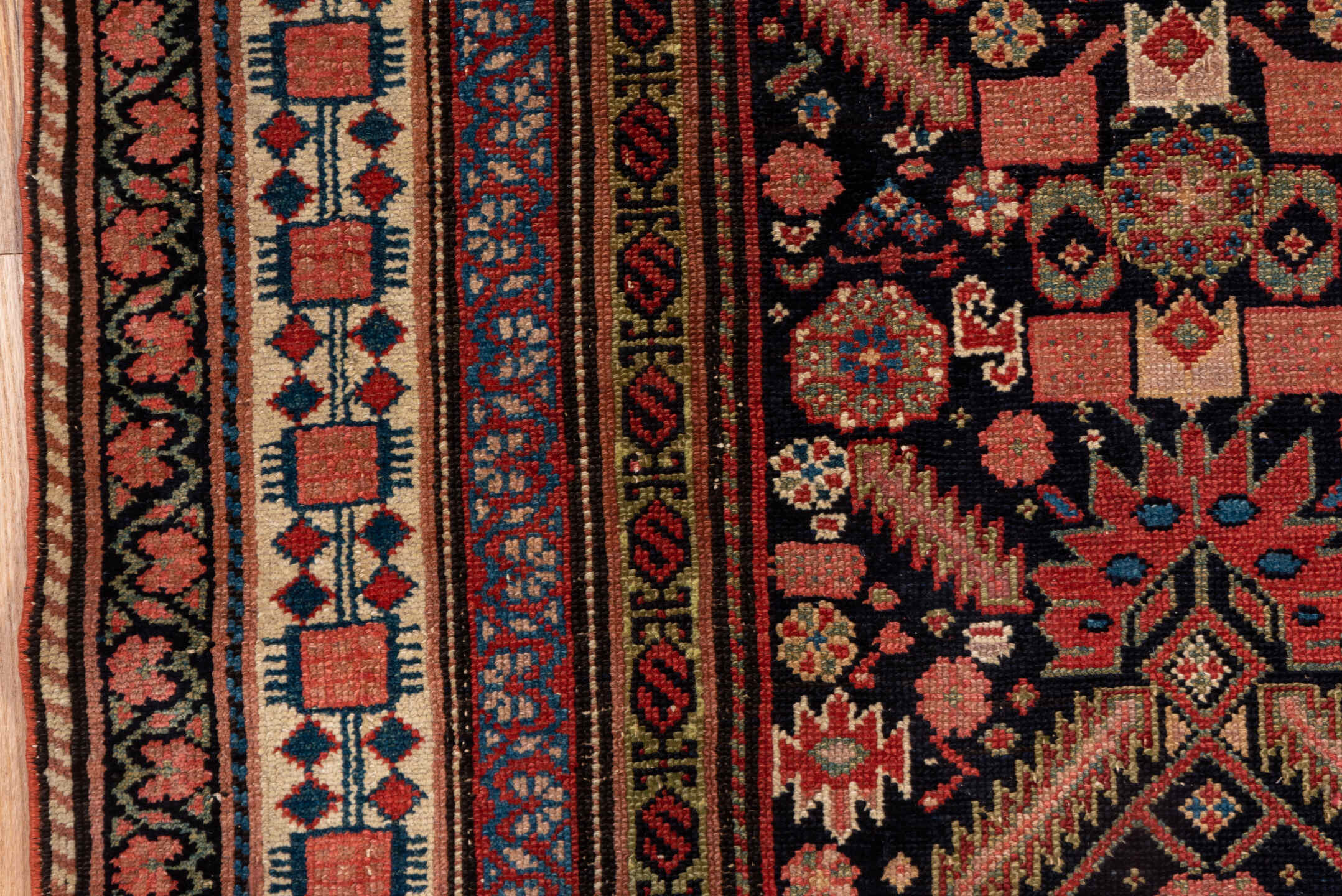 3' x 12' one-of-a-kind handmade antique Malayer runner rug. Color palette: navy, rust, ivory, rose, terracotta, slate, camel