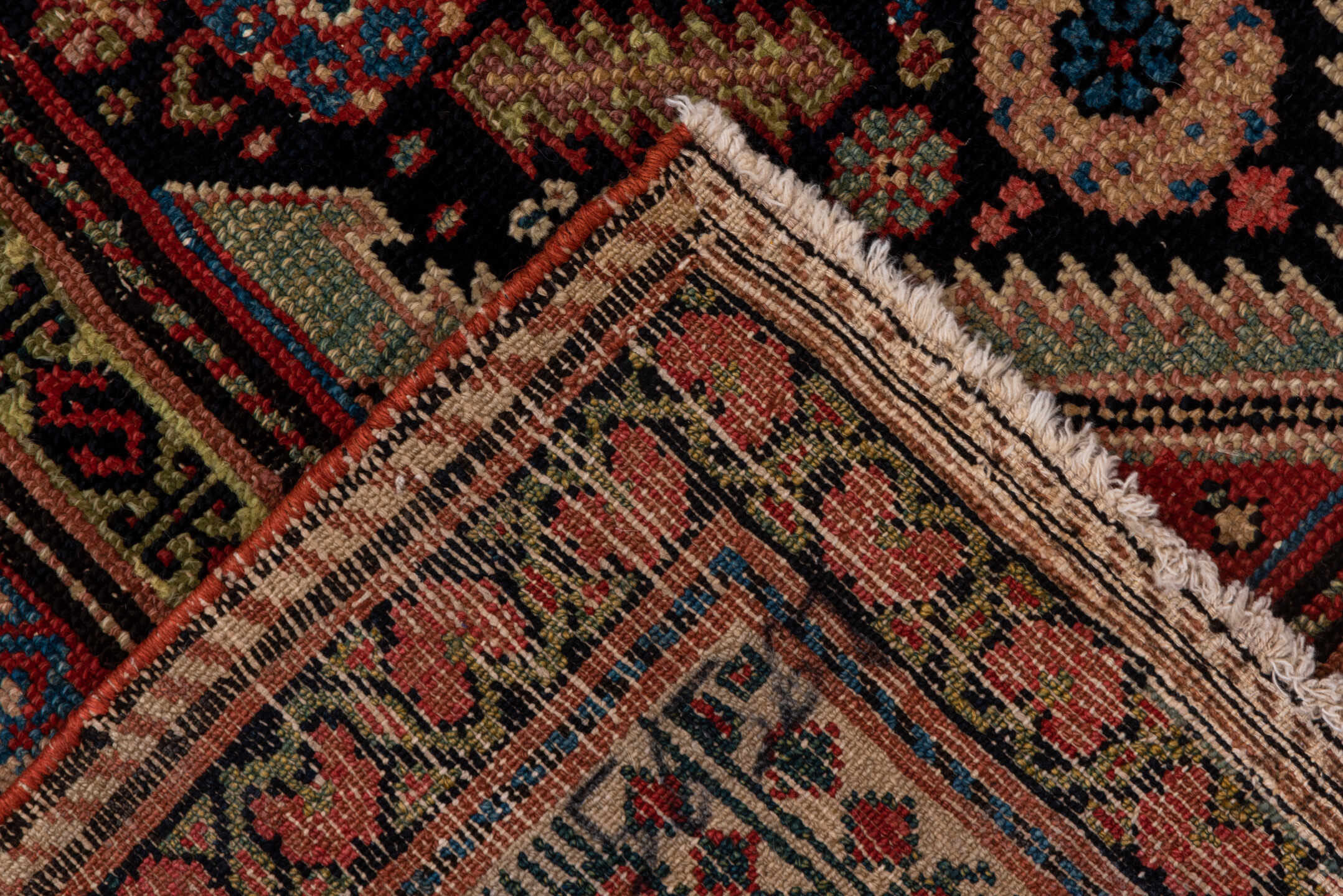 3' x 12' one-of-a-kind handmade antique Malayer runner rug. Color palette: navy, rust, ivory, rose, terracotta, slate, camel