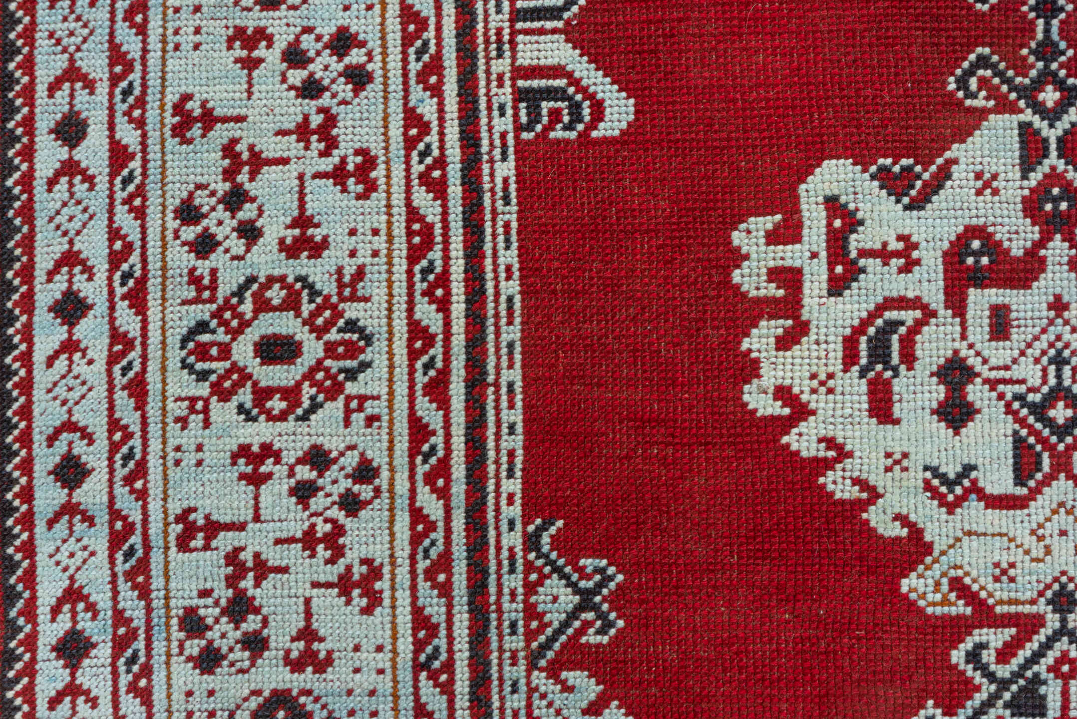 3' x 11' one-of-a-kind handmade vintage Tulu runner rug. Color palette: terracotta, ivory, crimson, charcoal, brown, red