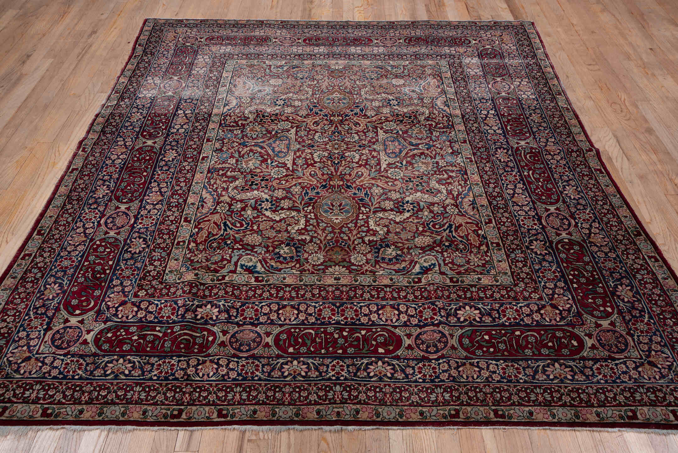 6' x 8' one-of-a-kind handmade antique Lavar medium size rug. Color palette: burgundy, ivory, navy, soft blue, rose, taupe