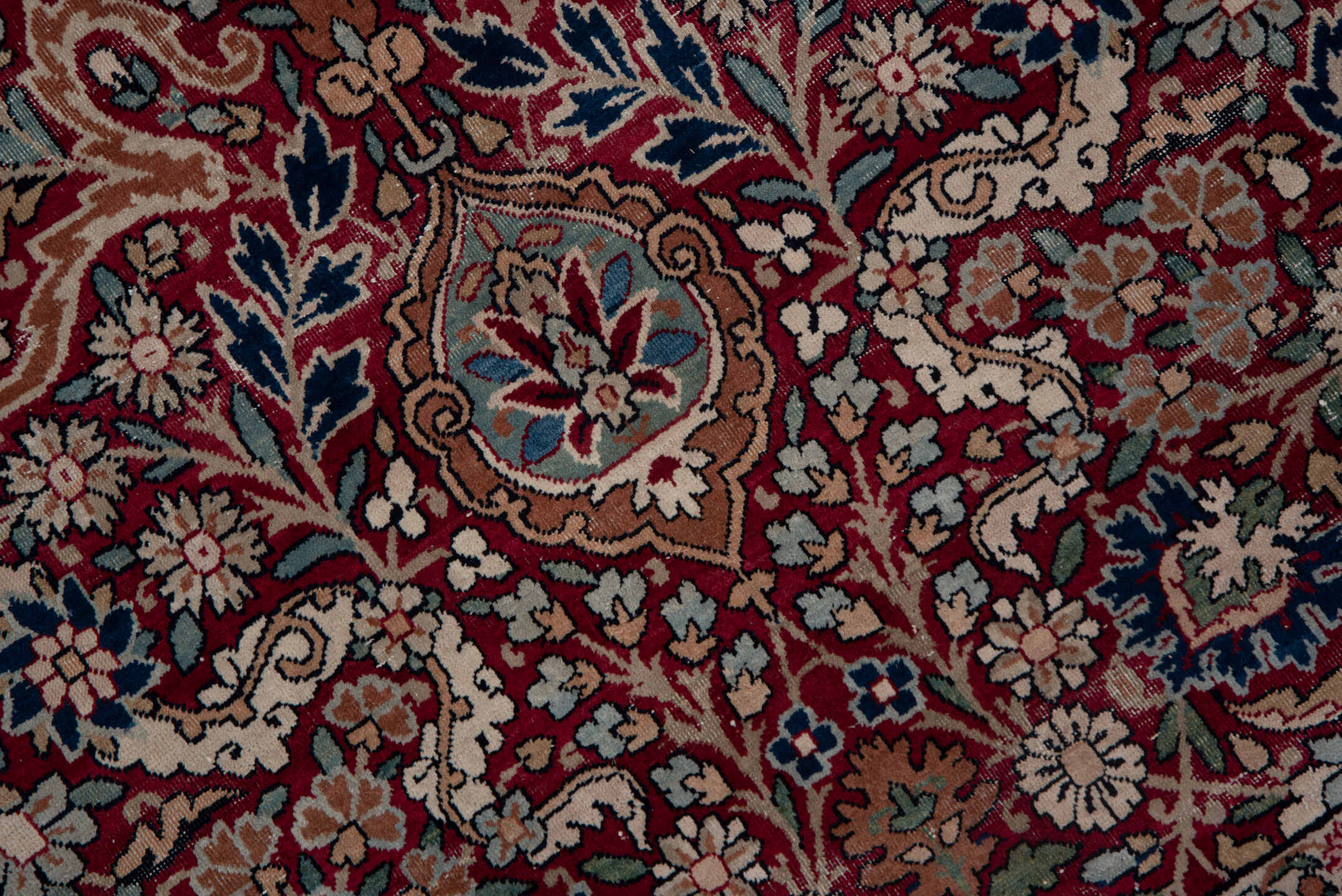 6' x 8' one-of-a-kind handmade antique Lavar medium size rug. Color palette: burgundy, ivory, navy, soft blue, rose, taupe