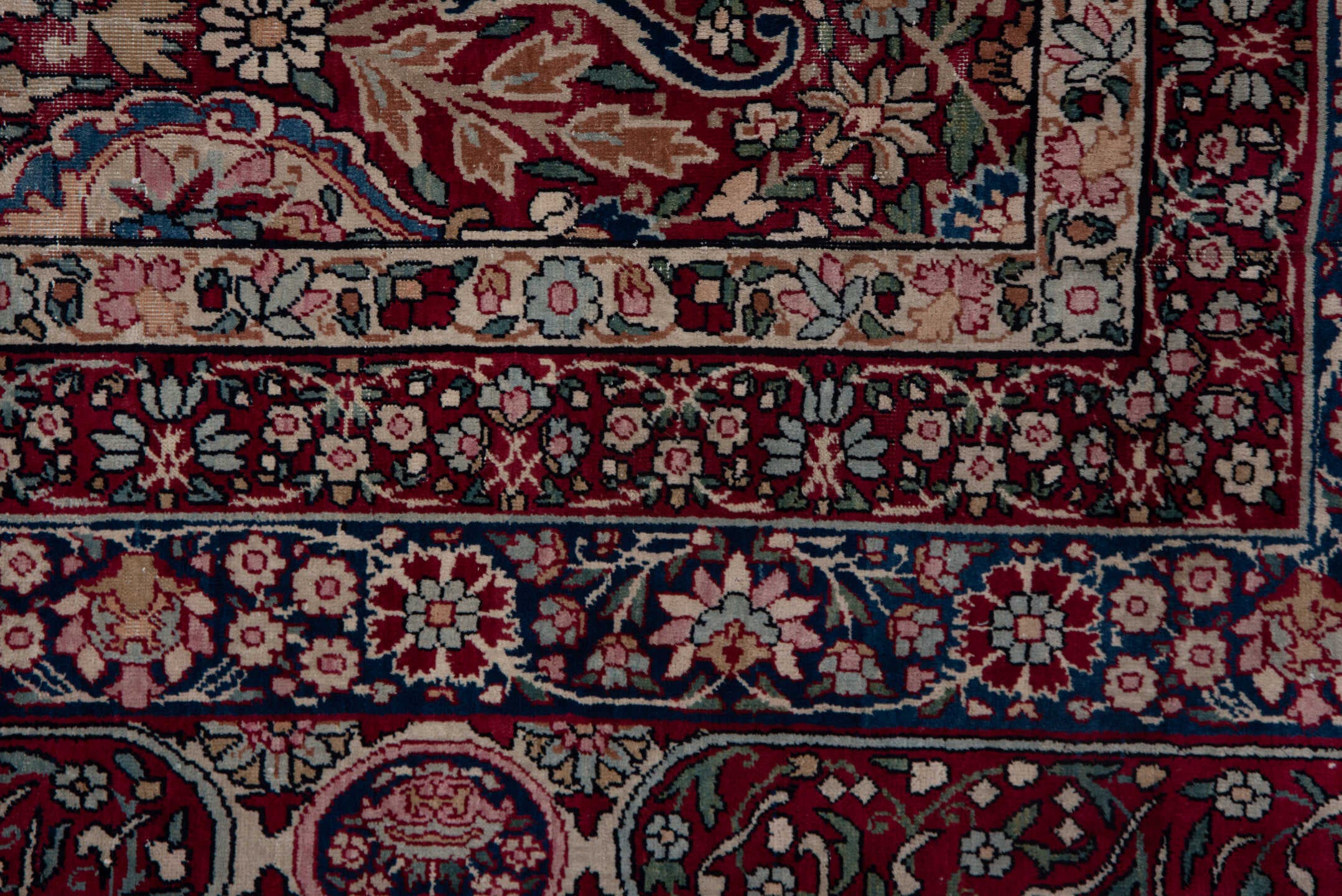 6' x 8' one-of-a-kind handmade antique Lavar medium size rug. Color palette: burgundy, ivory, navy, soft blue, rose, taupe