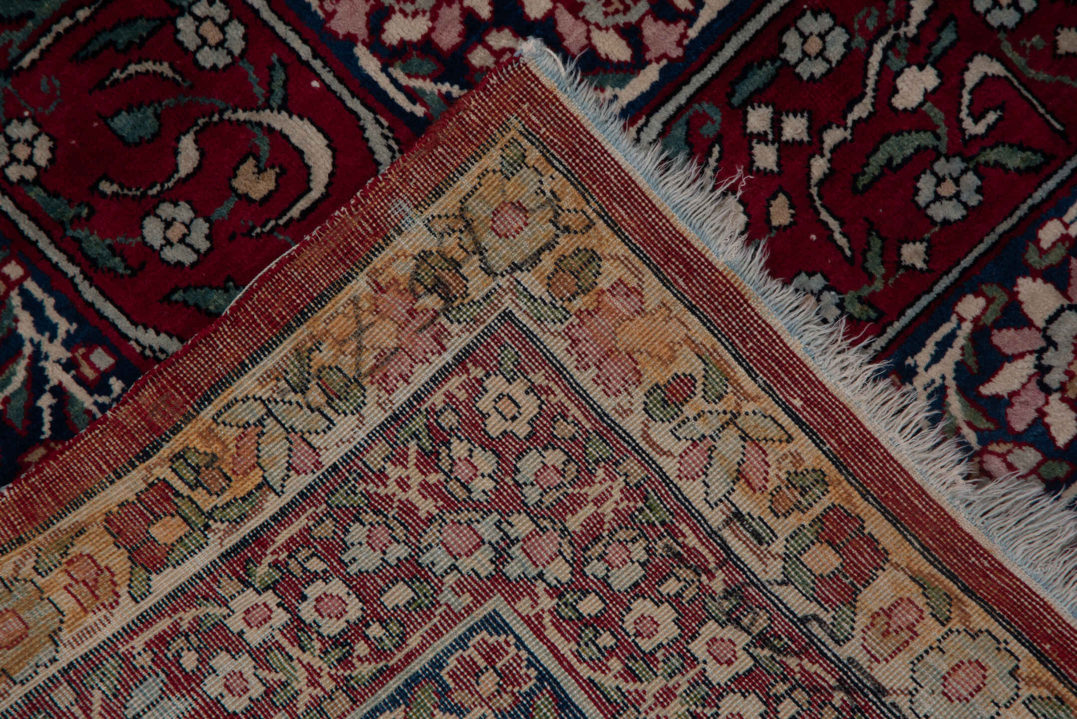 6' x 8' one-of-a-kind handmade antique Lavar medium size rug. Color palette: burgundy, ivory, navy, soft blue, rose, taupe