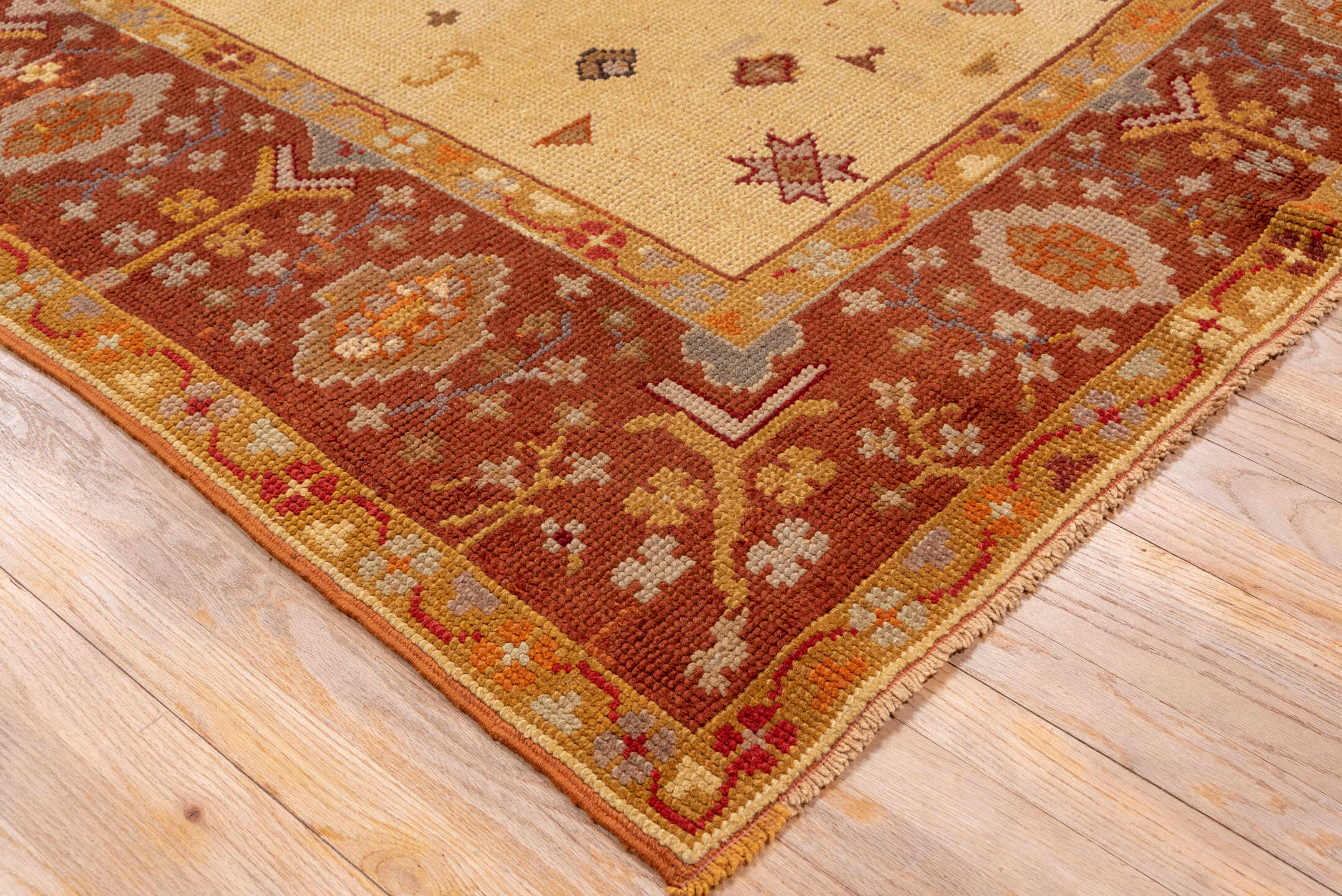 8' x 10' one-of-a-kind handmade antique Oushak large size rug. Color palette: ivory, rust, terra cotta, gold, taupe