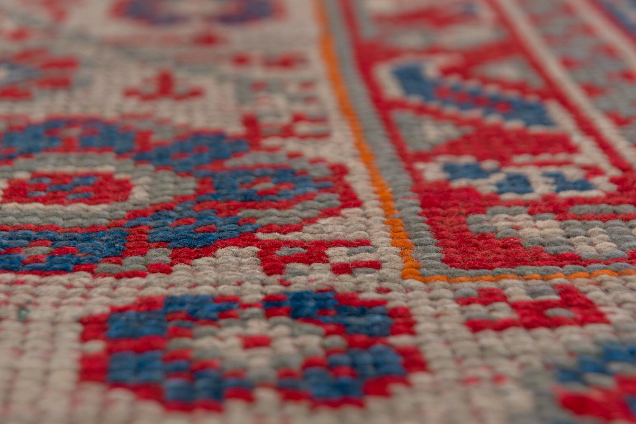 2' x 10' one-of-a-kind handmade vintage Tulu runner rug. Color palette: red, ivory, blue gray, taupe, crimson, gray, blue