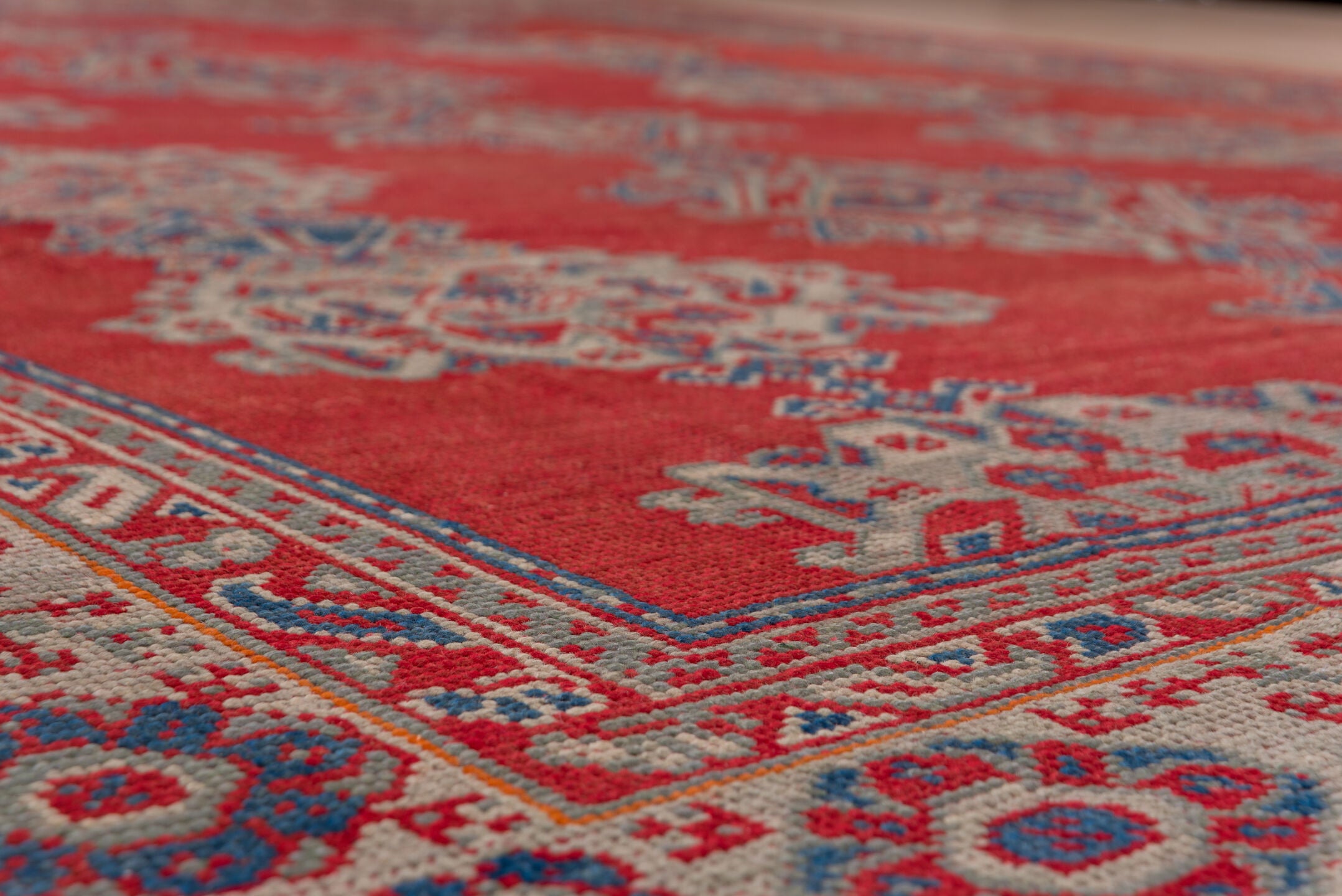 2' x 10' one-of-a-kind handmade vintage Tulu runner rug. Color palette: red, ivory, blue gray, taupe, crimson, gray, blue