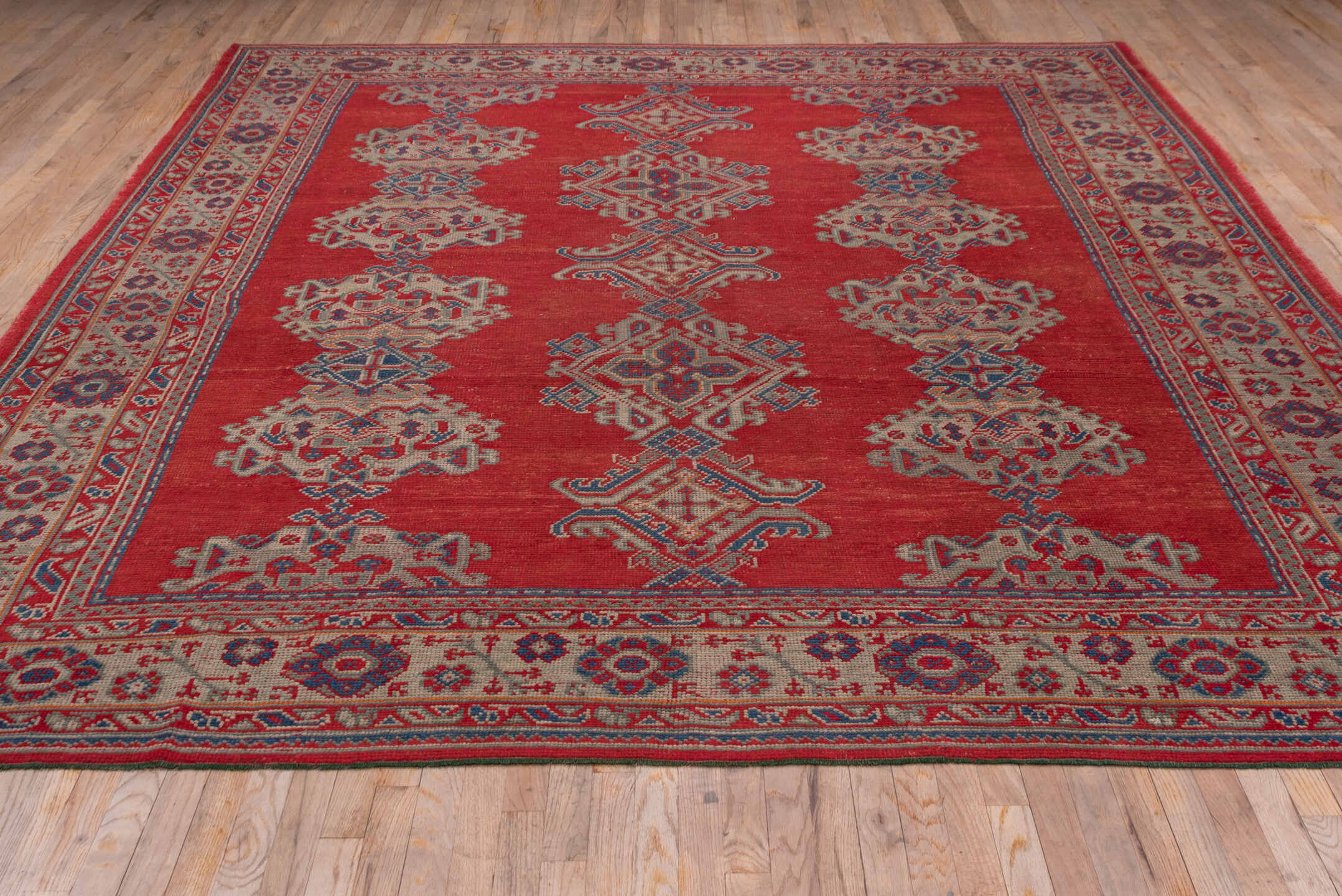 2' x 10' one-of-a-kind handmade vintage Tulu runner rug. Color palette: red, ivory, blue gray, taupe, crimson, gray, blue