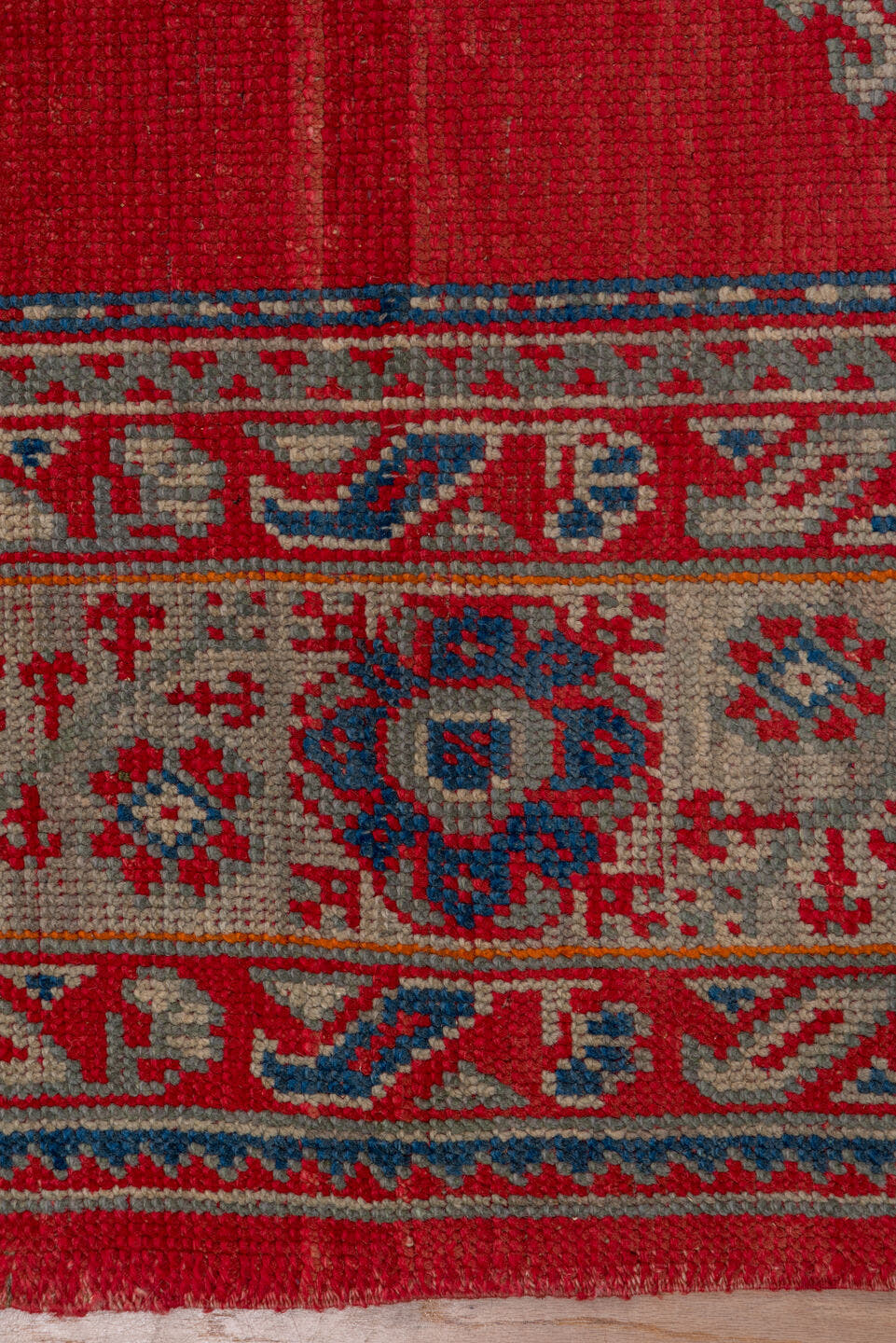 2' x 10' one-of-a-kind handmade vintage Tulu runner rug. Color palette: red, ivory, blue gray, taupe, crimson, gray, blue