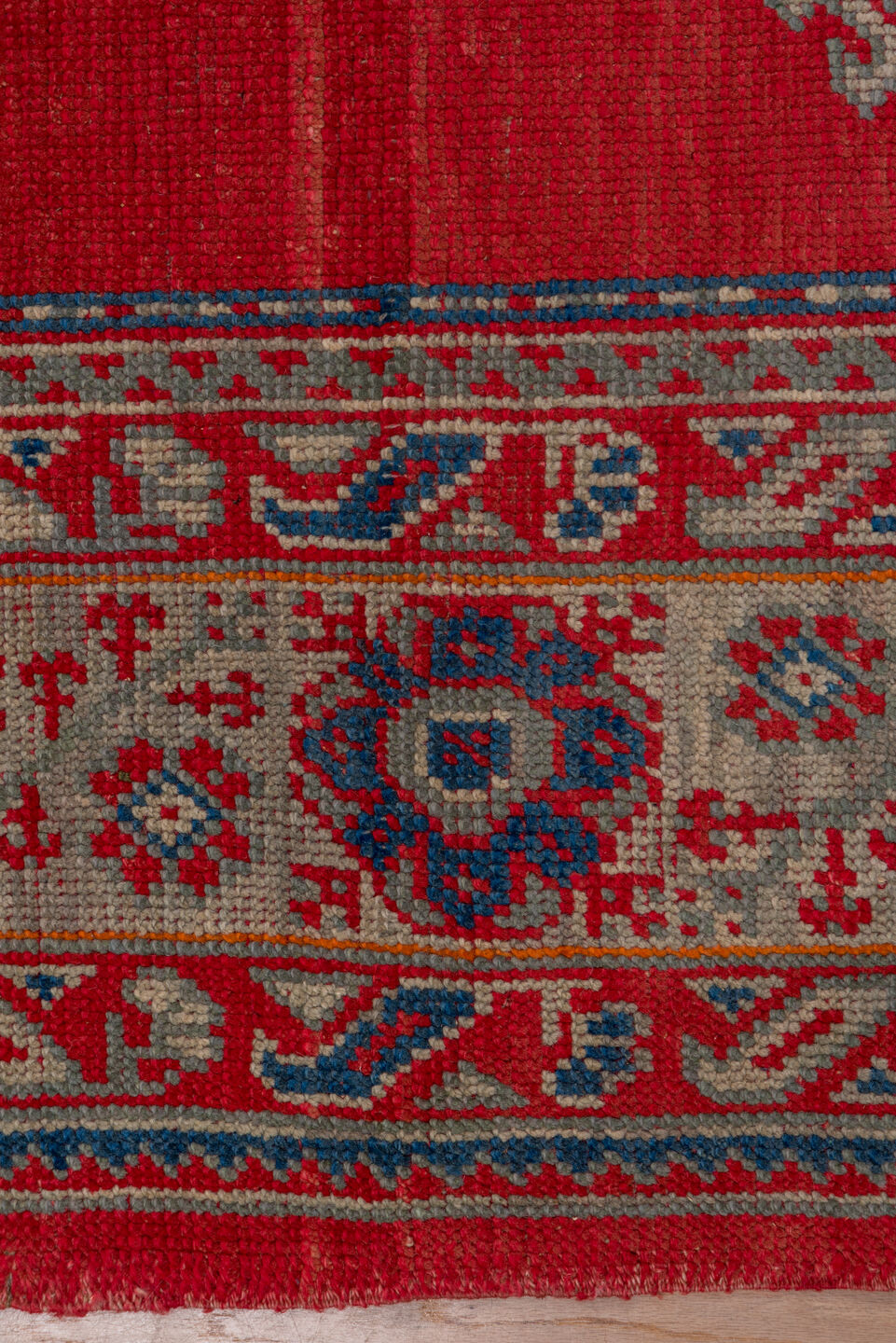 2' x 10' one-of-a-kind handmade vintage Tulu runner rug. Color palette: red, ivory, blue gray, taupe, crimson, gray, blue