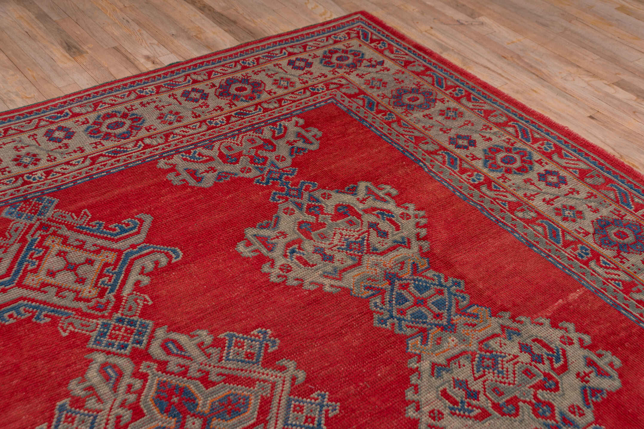 2' x 10' one-of-a-kind handmade vintage Tulu runner rug. Color palette: red, ivory, blue gray, taupe, crimson, gray, blue
