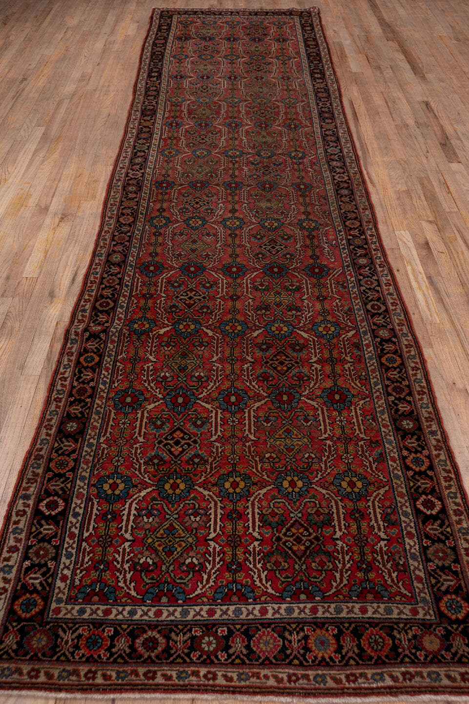 3' x 15' one-of-a-kind handmade antique NW Persian runner rug. Color palette: rust, navy, ivory, rose, gold, camel, charcoal