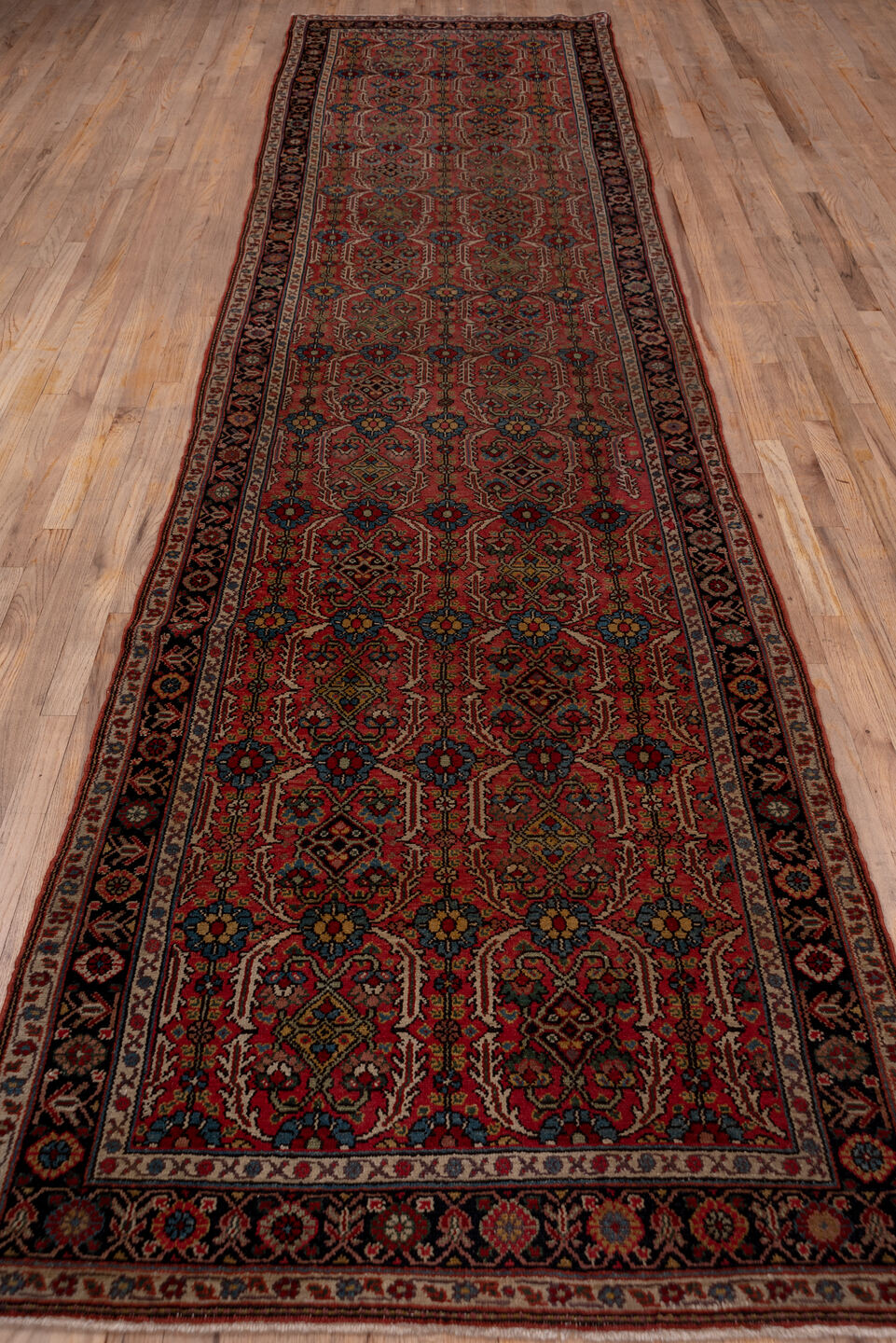2' x 14' one-of-a-kind handmade vintage Tulu runner rug. Color palette: terracotta, navy, ivory, rust, indigo, camel
