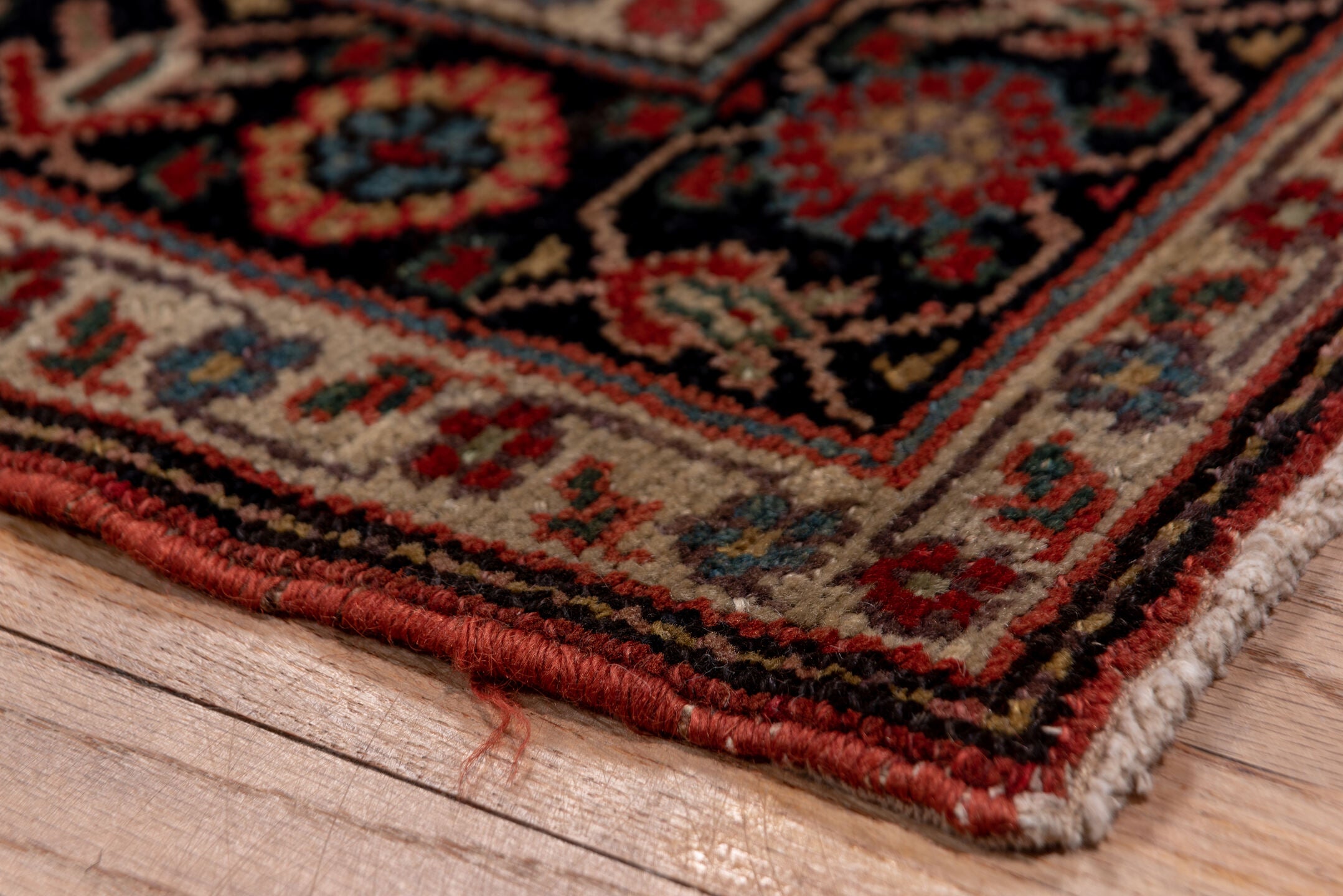 2' x 14' one-of-a-kind handmade vintage Tulu runner rug. Color palette: terracotta, navy, ivory, rust, indigo, camel