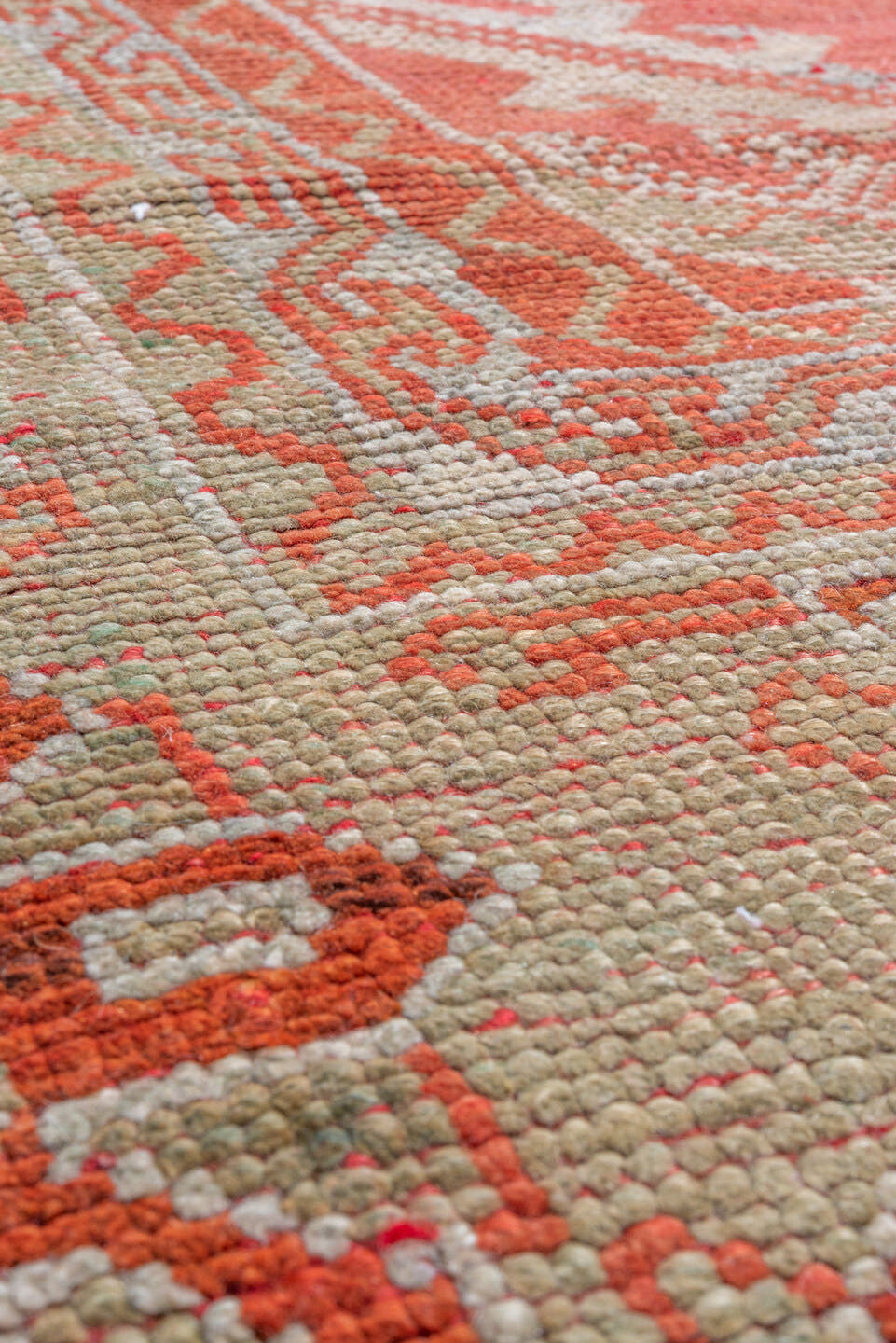 13' x 18' one-of-a-kind handmade antique Oushak oversize rug. Color palette: coral, ivory, terra cotta, salmon, beige