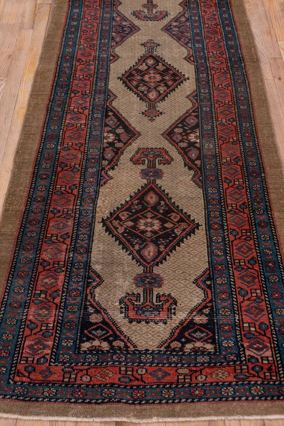 2' x 14' one-of-a-kind handmade vintage Cam Hamadan runner rug. Color palette: blue, brown, dim gray, gray, off-white, pink