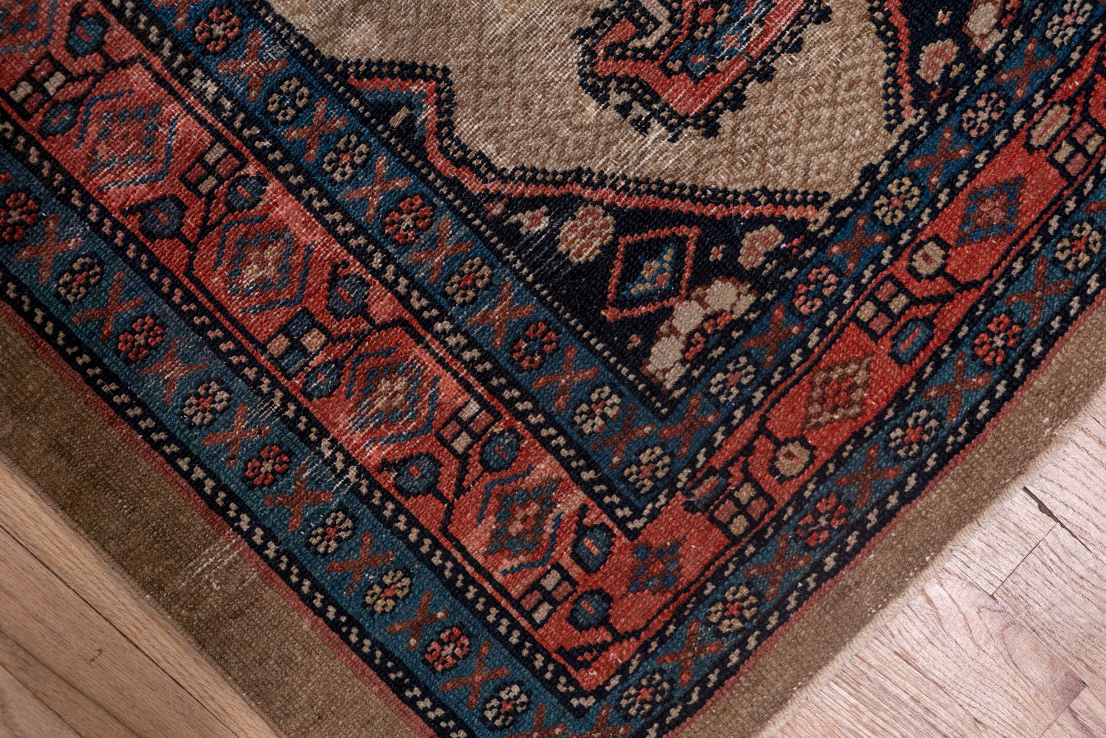 2' x 14' one-of-a-kind handmade vintage Cam Hamadan runner rug. Color palette: blue, brown, dim gray, gray, off-white, pink