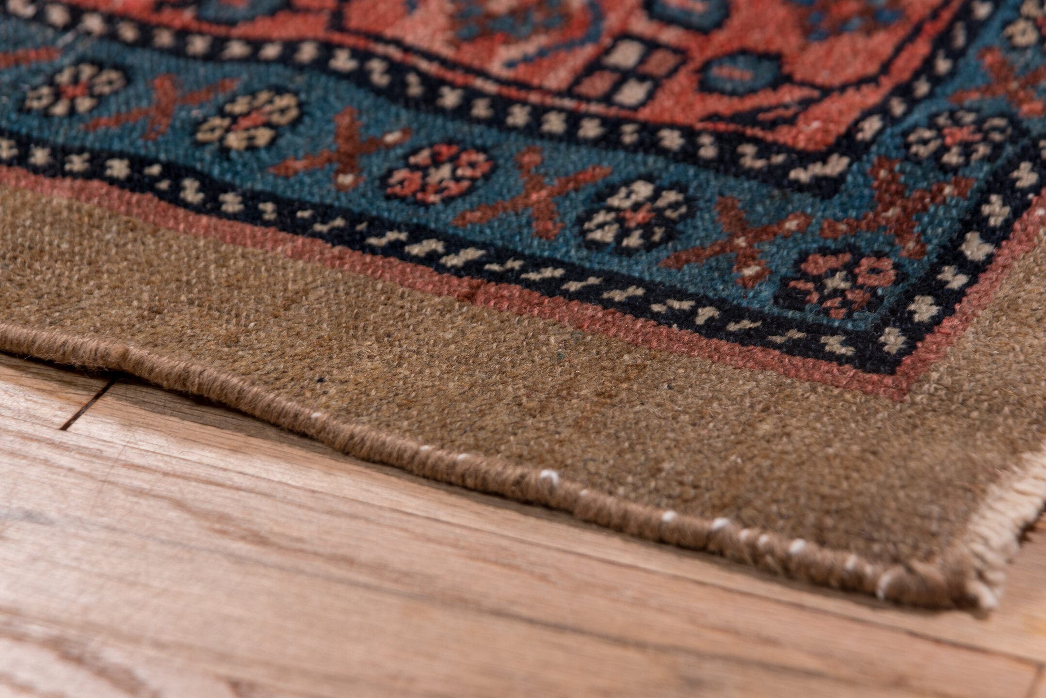 2' x 14' one-of-a-kind handmade antique Cam Hamadan runner rug. Color palette: ivory, indigo, rust, camel, navy, rose