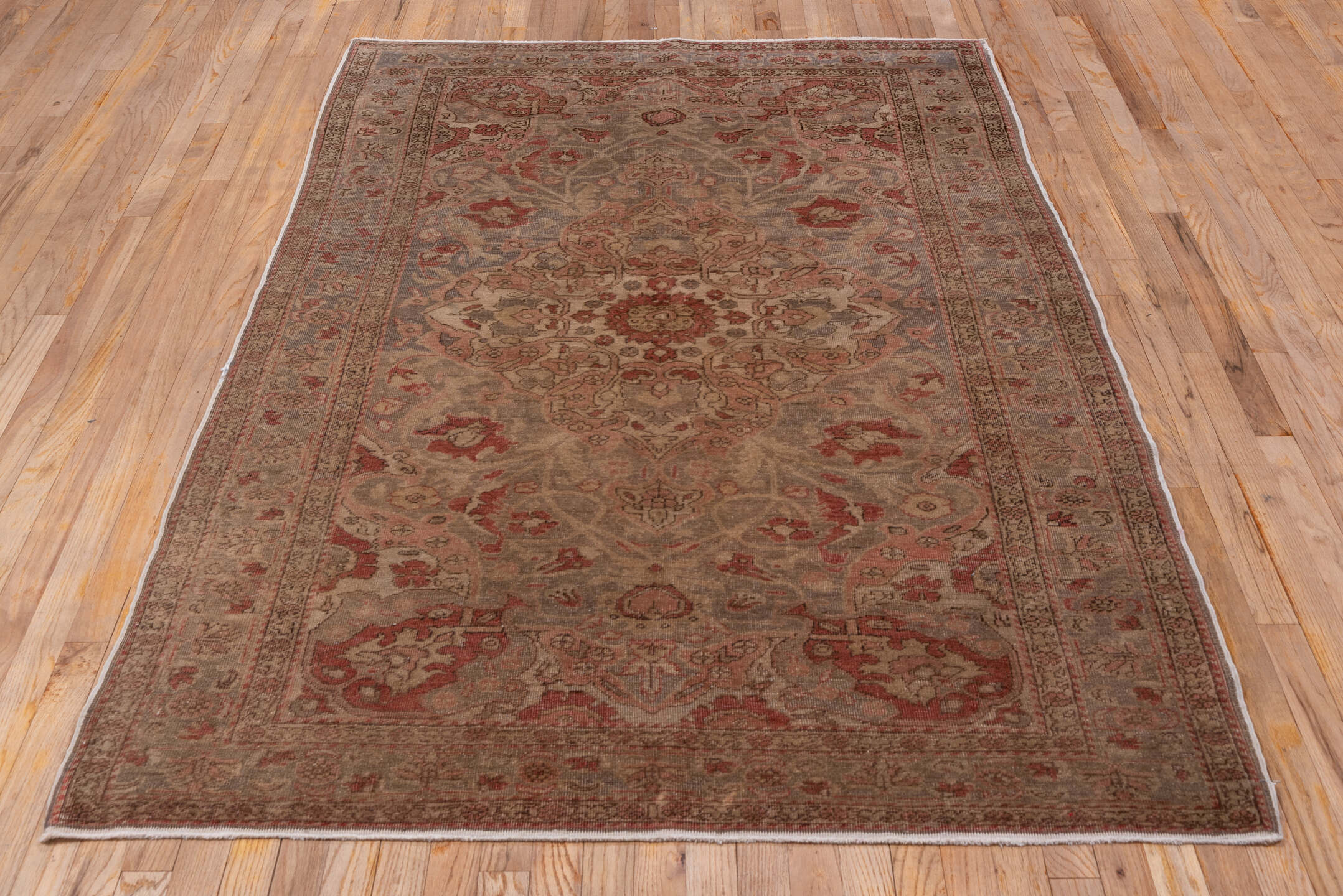 4' x 7' one-of-a-kind handmade vintage Oushak rug. Color palette: brown, gray, light gray, off-white, pink, red, snow, white