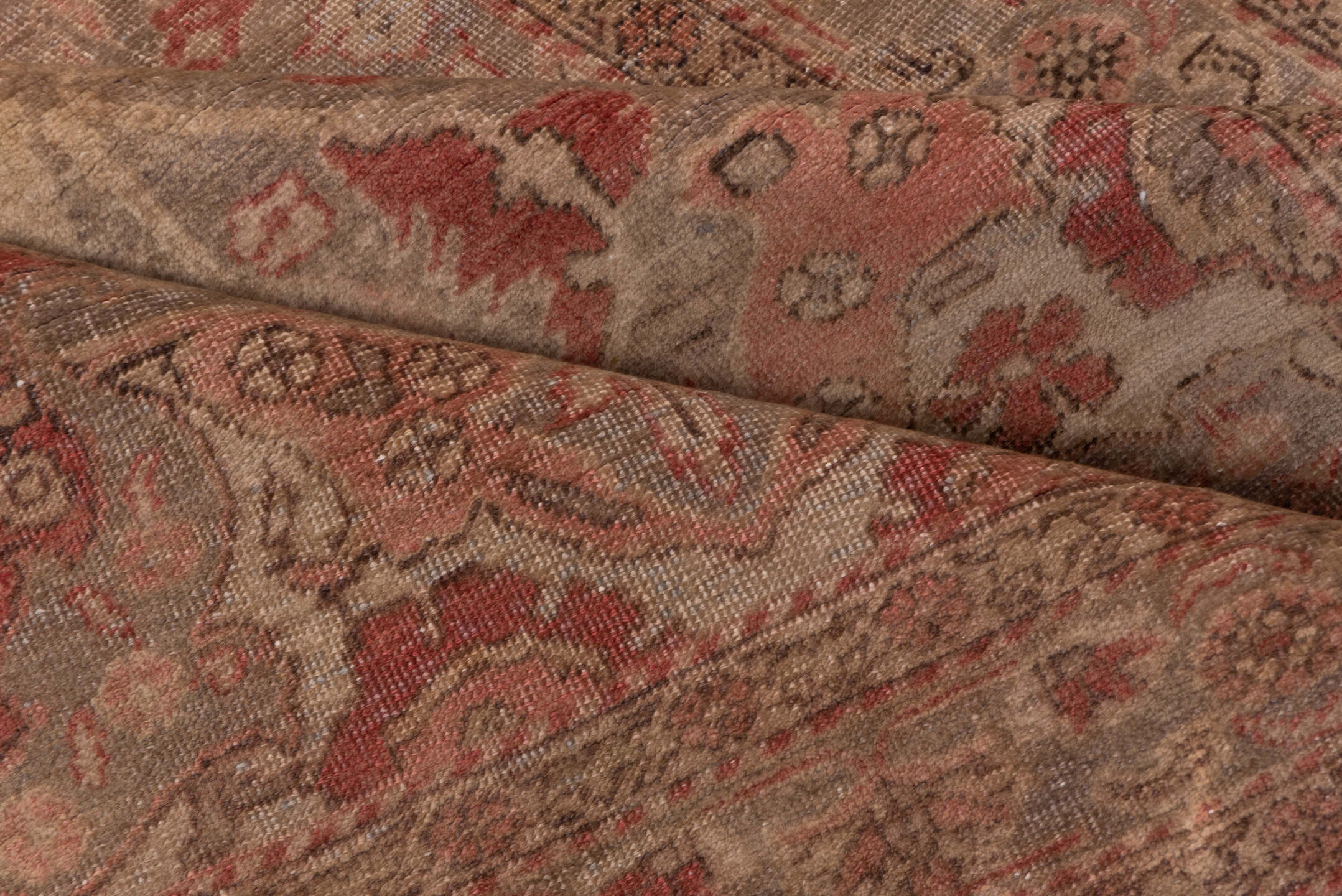 4' x 7' one-of-a-kind handmade vintage Oushak rug. Color palette: brown, gray, light gray, off-white, pink, red, snow, white