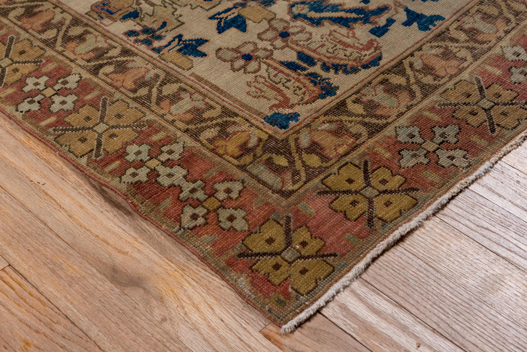 4' x 7' one-of-a-kind handmade antique Afshar rug. Color palette: ivory, rust, gold, cobalt, taupe, rose, camel, olive