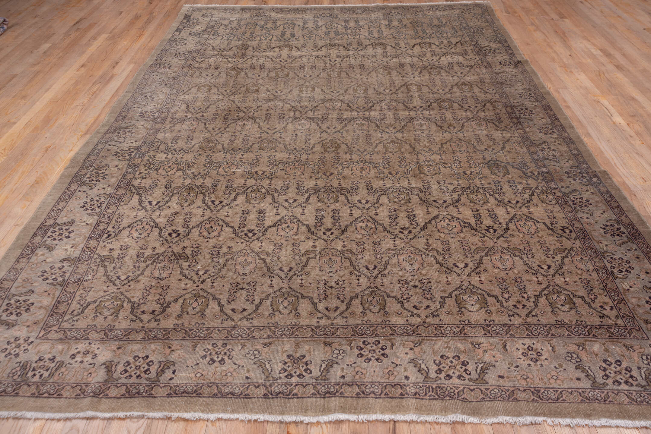 8' x 12' one-of-a-kind handmade antique Sivas large size rug. Color palette: taupe, beige, charcoal, brown, ivory, gray