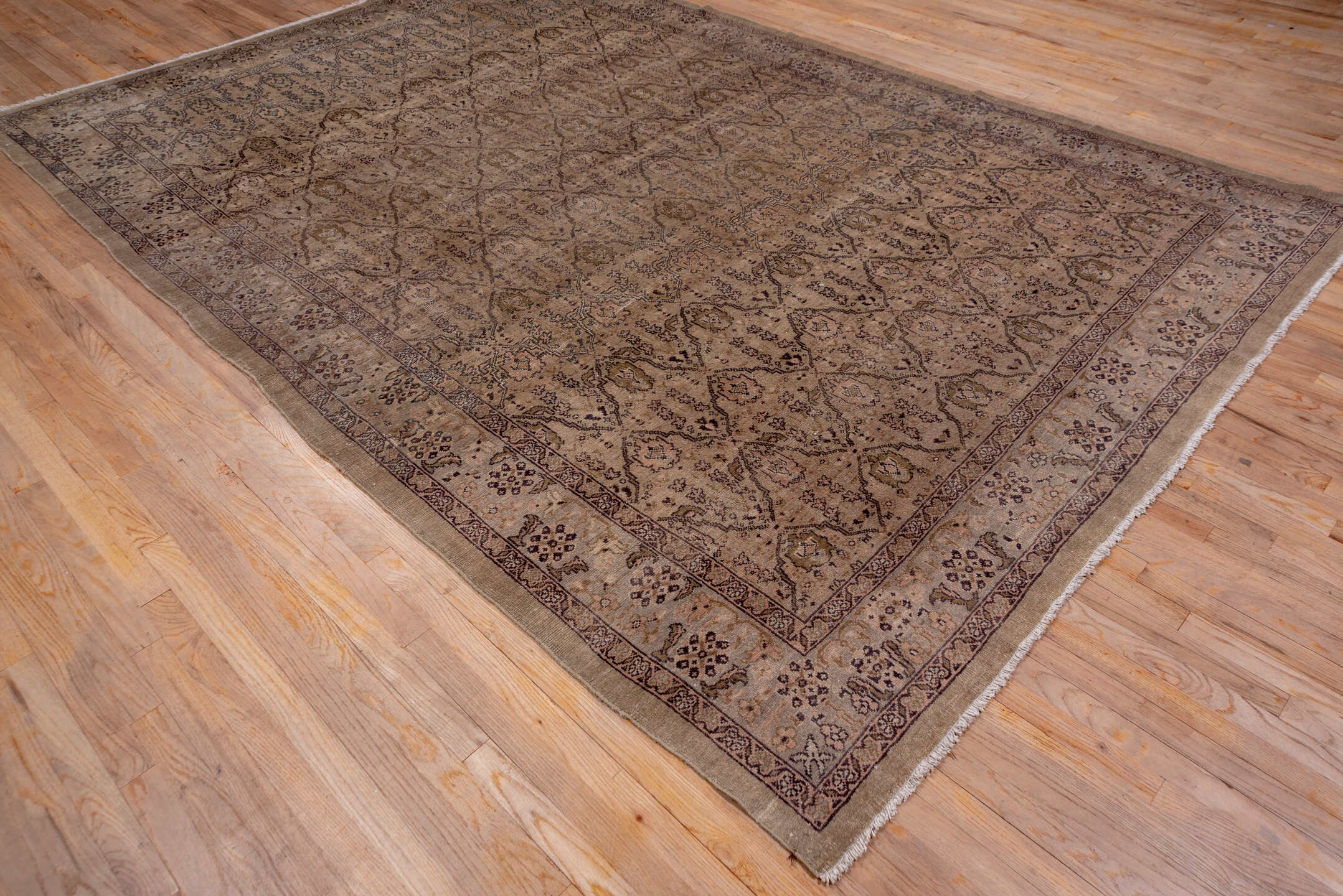 8' x 12' one-of-a-kind handmade antique Sivas large size rug. Color palette: taupe, beige, charcoal, brown, ivory, gray
