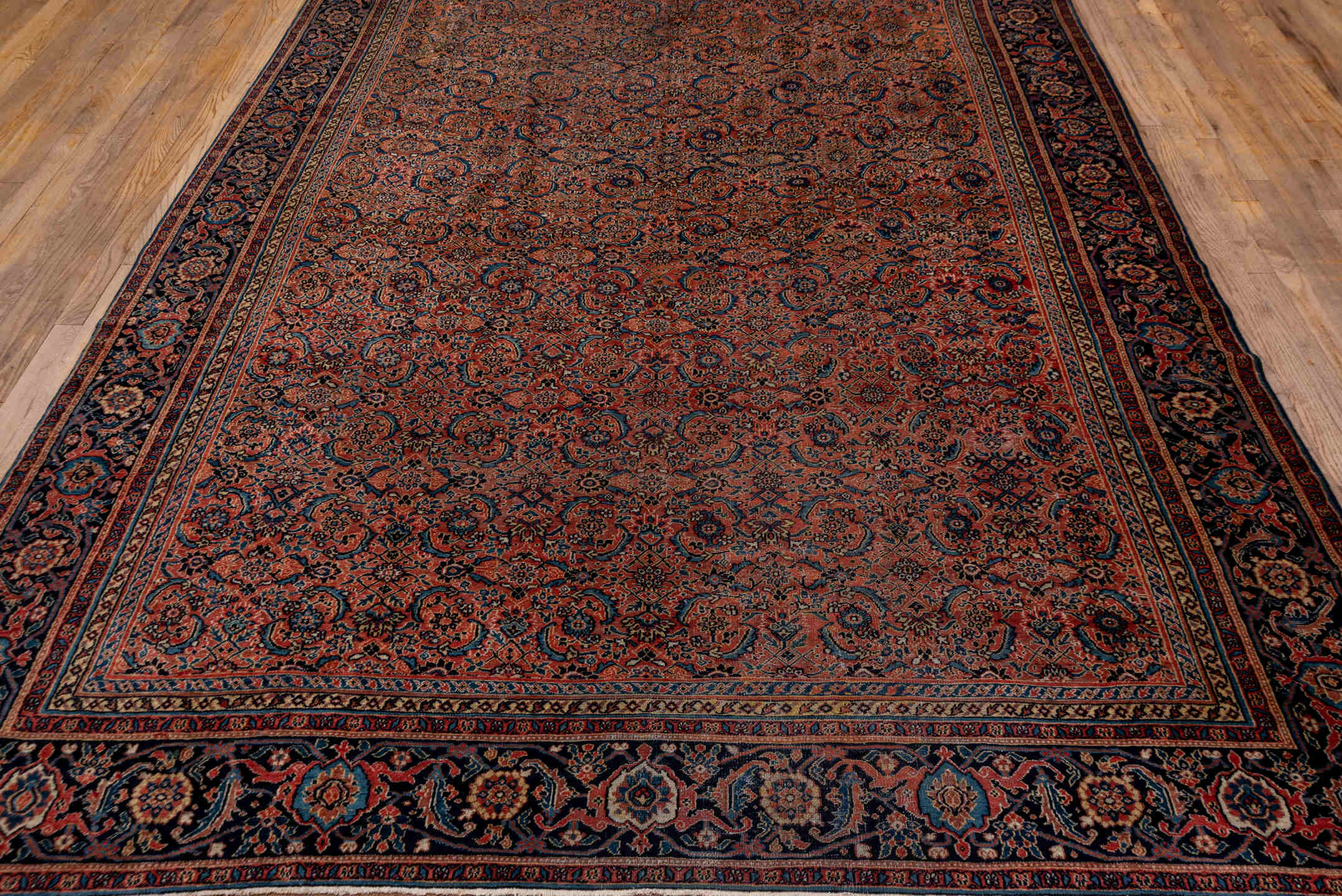 7' x 16' one-of-a-kind handmade antique Karabagh rug. Color palette: rose, navy, terracotta, dusty blue, ivory, rust, slate