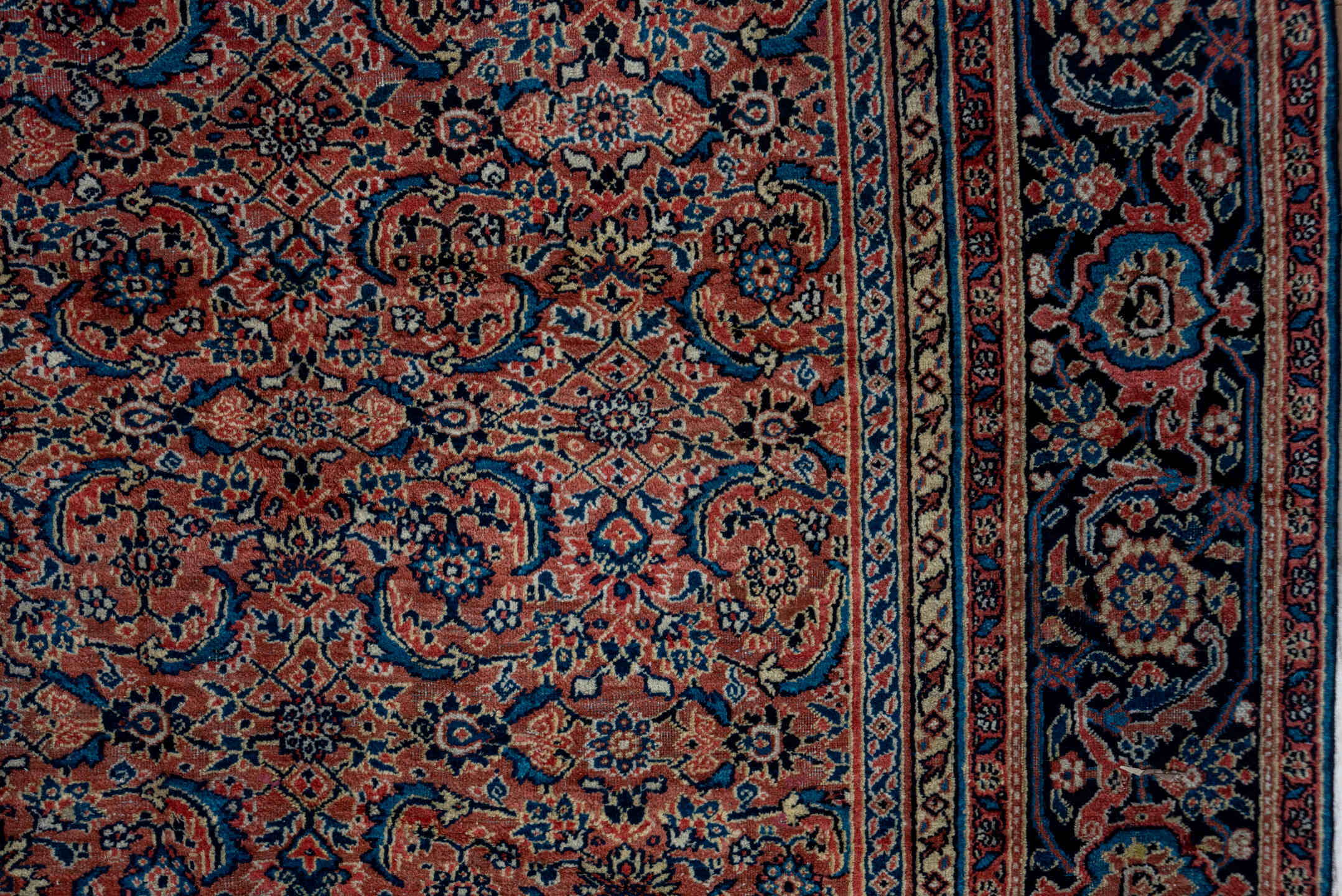 7' x 16' one-of-a-kind handmade antique Karabagh rug. Color palette: rose, navy, terracotta, dusty blue, ivory, rust, slate