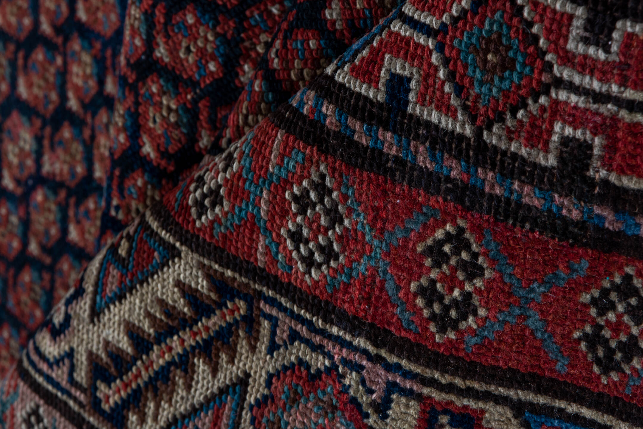 10' x 13' one-of-a-kind handmade vintage Afghan large size rug. Color palette: burgundy, ivory, navy, rust, camel, taupe