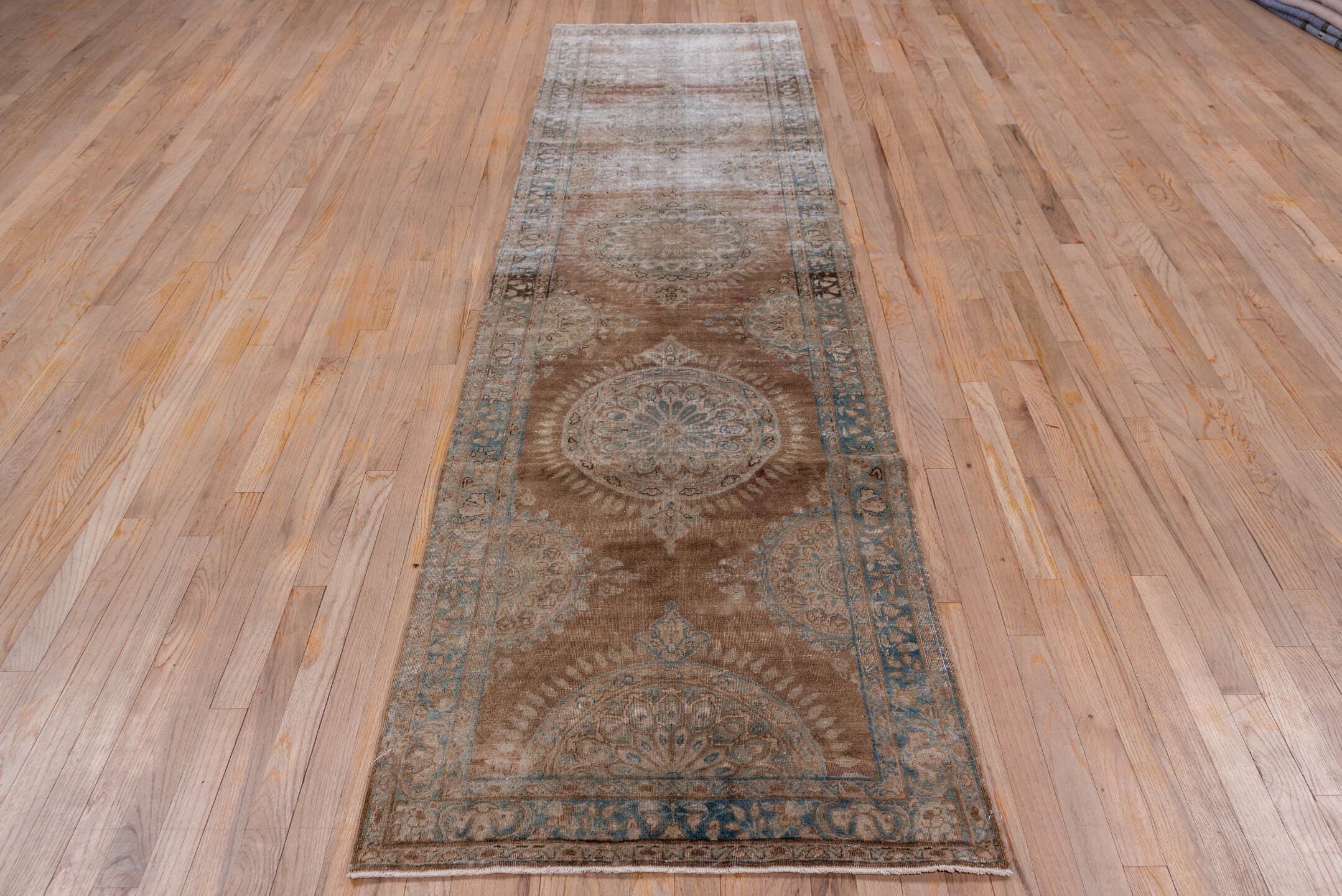 8' x 12' one-of-a-kind handmade vintage Kilim large size rug. Color palette: taupe, brown, pale blue, ivory, camel, slate