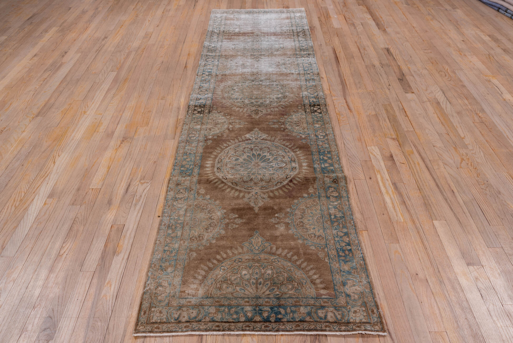 8' x 12' one-of-a-kind handmade vintage Kilim large size rug. Color palette: taupe, brown, pale blue, ivory, camel, slate