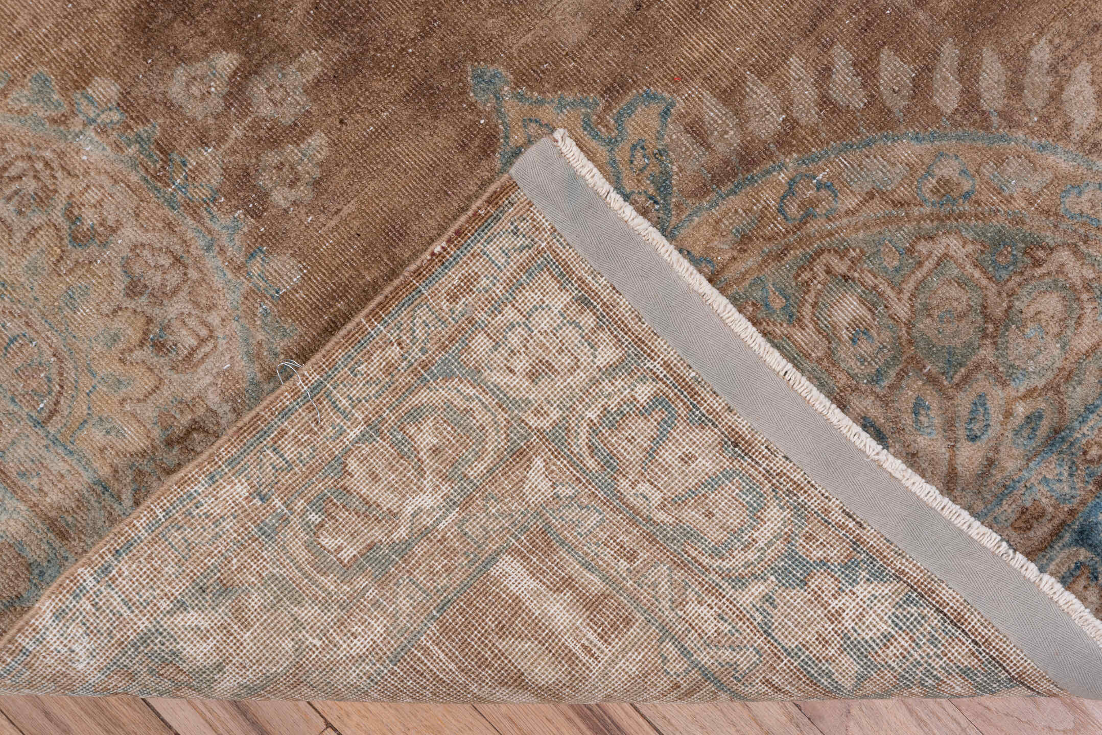 8' x 12' one-of-a-kind handmade vintage Kilim large size rug. Color palette: taupe, brown, pale blue, ivory, camel, slate