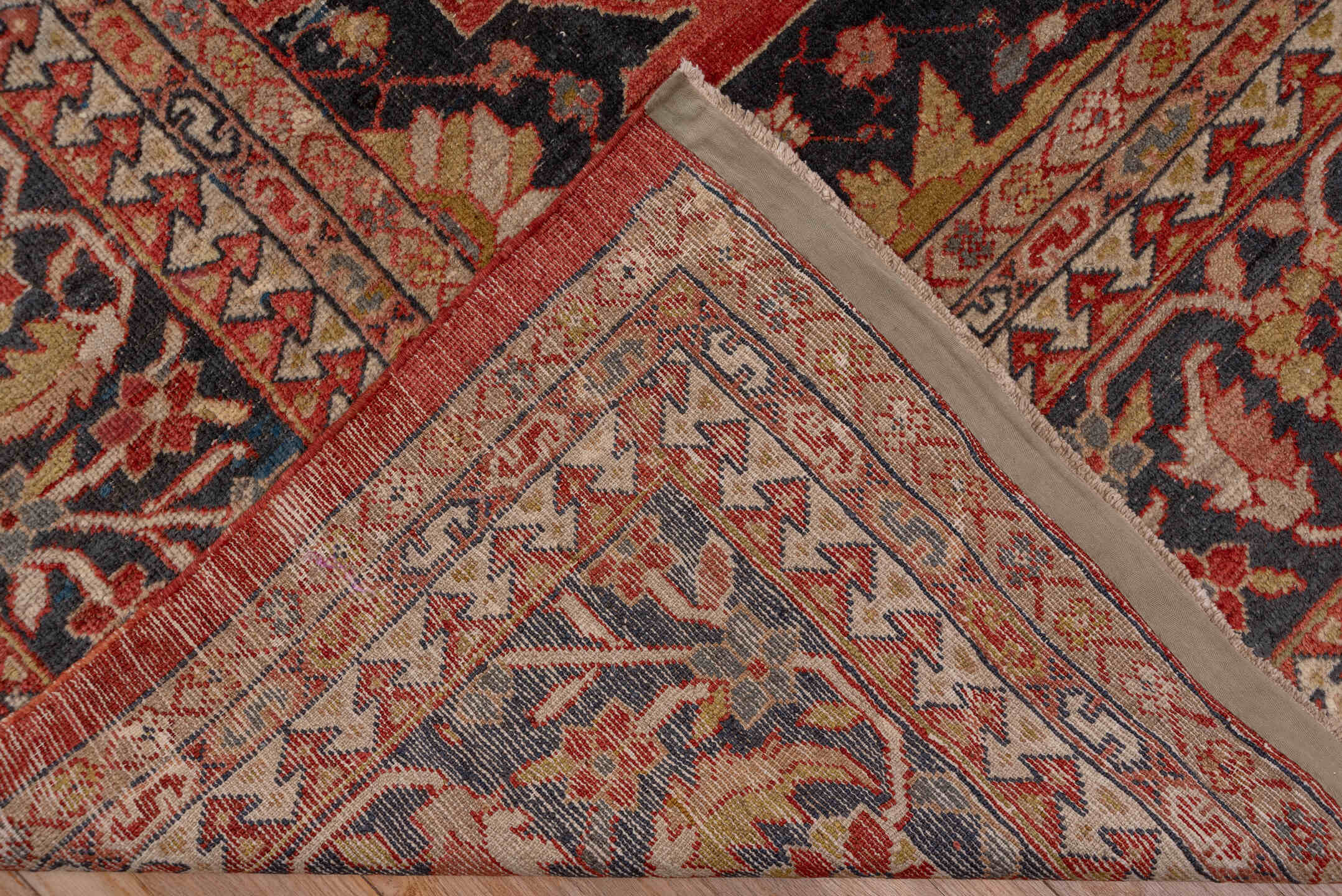 12' x 15' one-of-a-kind handmade vintage Kilim oversize rug. Color palette: terracotta, navy, ivory, camel, rust, slate