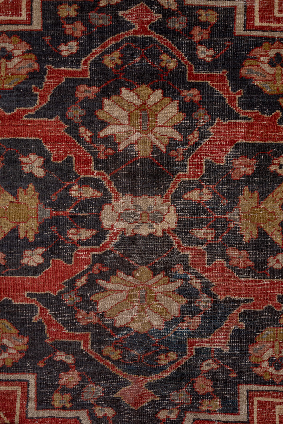 12' x 15' one-of-a-kind handmade vintage Kilim oversize rug. Color palette: terracotta, navy, ivory, camel, rust, slate