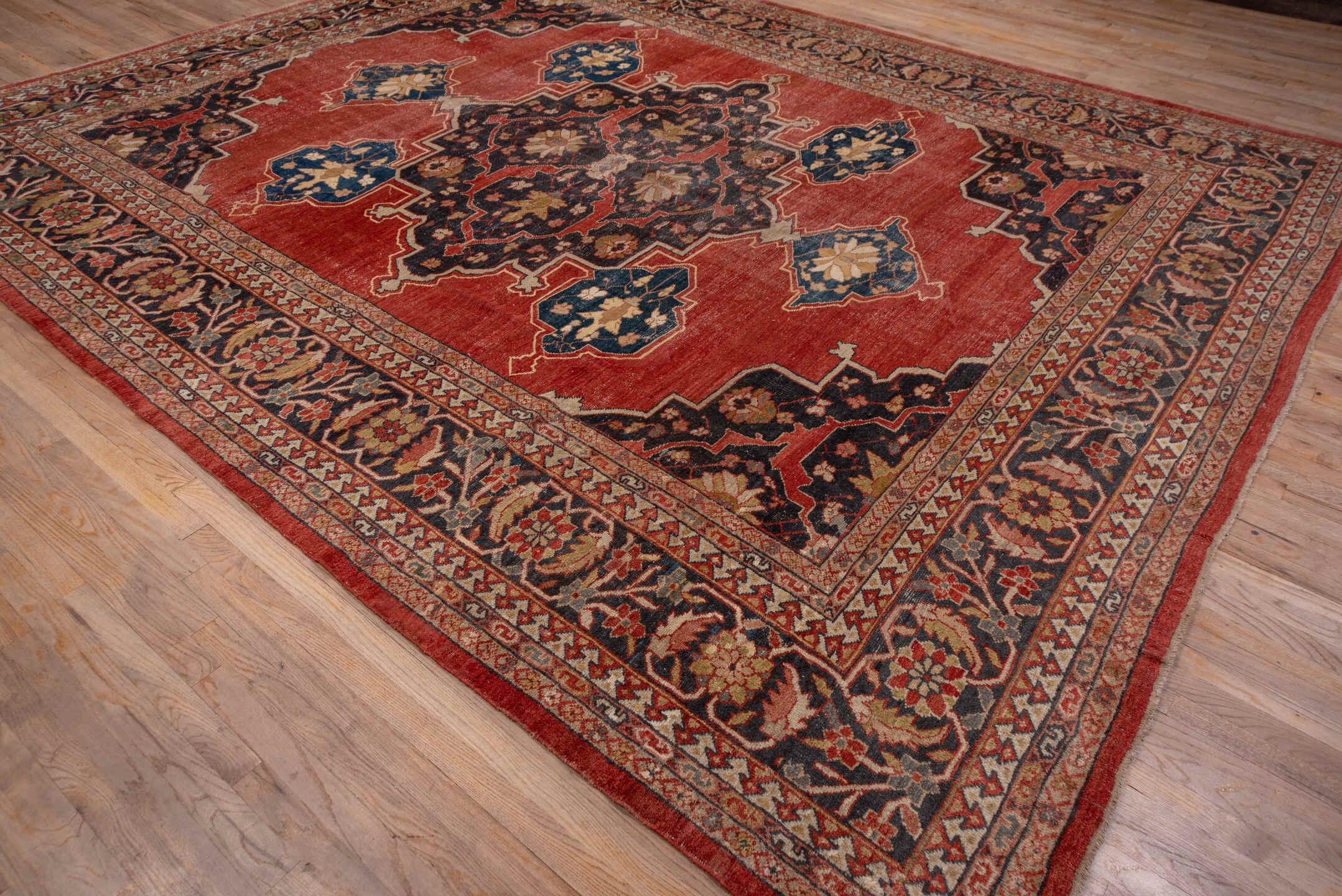 12' x 15' one-of-a-kind handmade vintage Kilim oversize rug. Color palette: terracotta, navy, ivory, camel, rust, slate