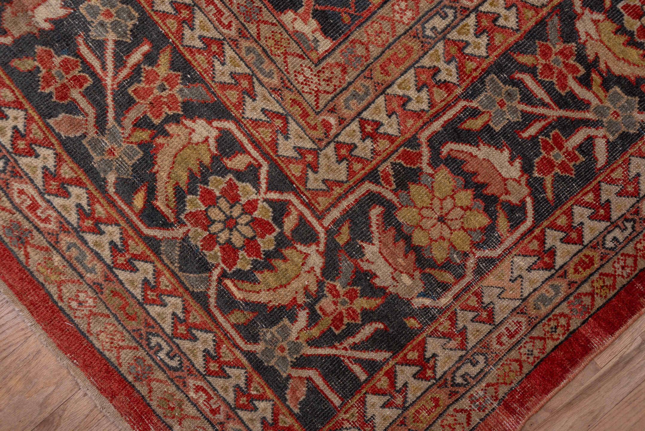 12' x 15' one-of-a-kind handmade vintage Kilim oversize rug. Color palette: terracotta, navy, ivory, camel, rust, slate