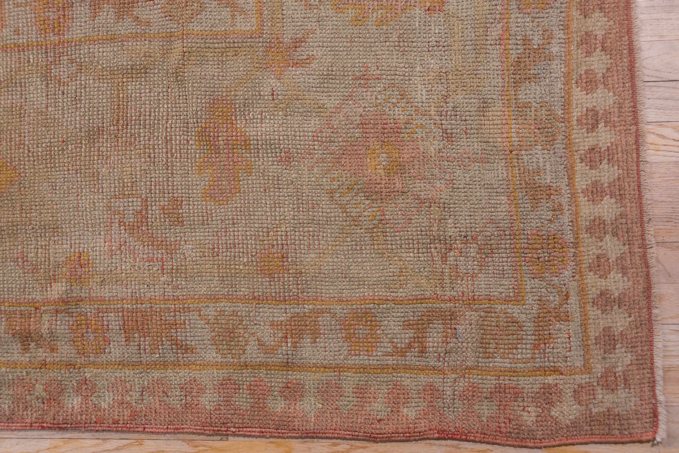 12' x 15' one-of-a-kind handmade vintage Afghan oversize rug. Color palette: rose, ivory, taupe, muted gold, dusty pink