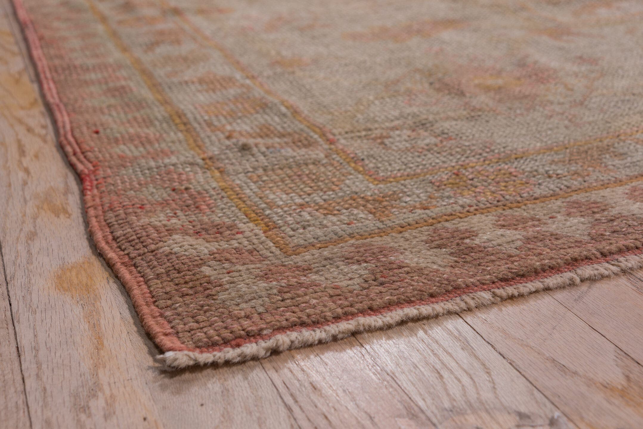 12' x 15' one-of-a-kind handmade vintage Afghan oversize rug. Color palette: rose, ivory, taupe, muted gold, dusty pink