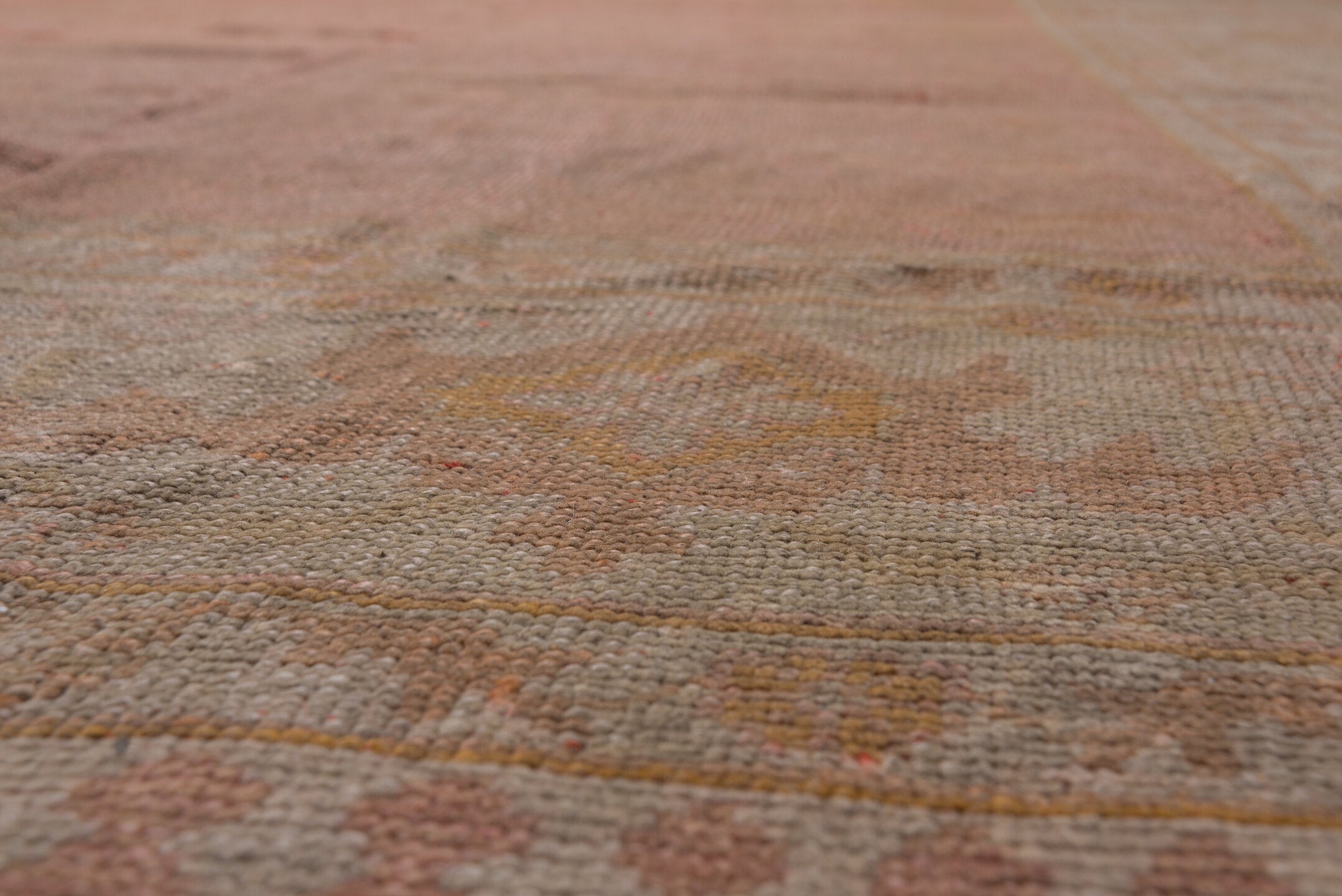 12' x 15' one-of-a-kind handmade vintage Afghan oversize rug. Color palette: rose, ivory, taupe, muted gold, dusty pink