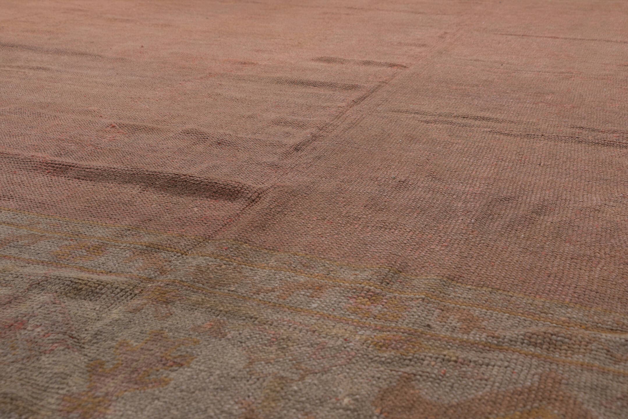 12' x 15' one-of-a-kind handmade vintage Afghan oversize rug. Color palette: rose, ivory, taupe, muted gold, dusty pink